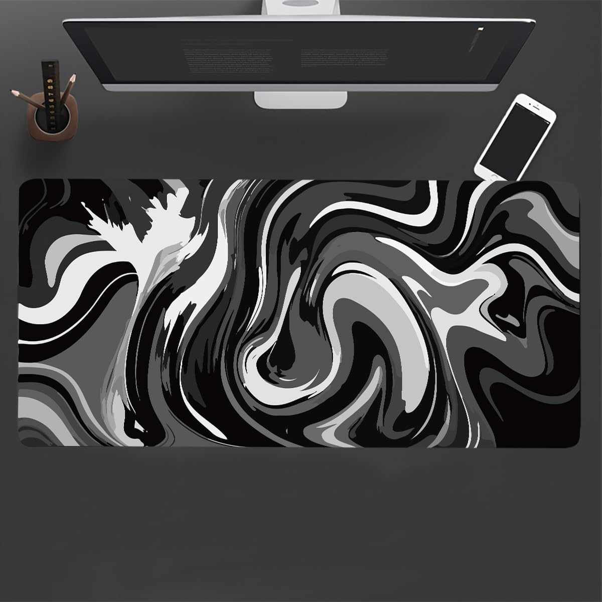 Extra Large Gaming Mouse Pad 23.6x11.8 Inch - Non-Slip Rubber Base & Stitched Edges Desk Mat for Keyboard and Mouse | Black & White Abstract Design | Perfect for PC Gaming, Office Work & Home Computer Setup