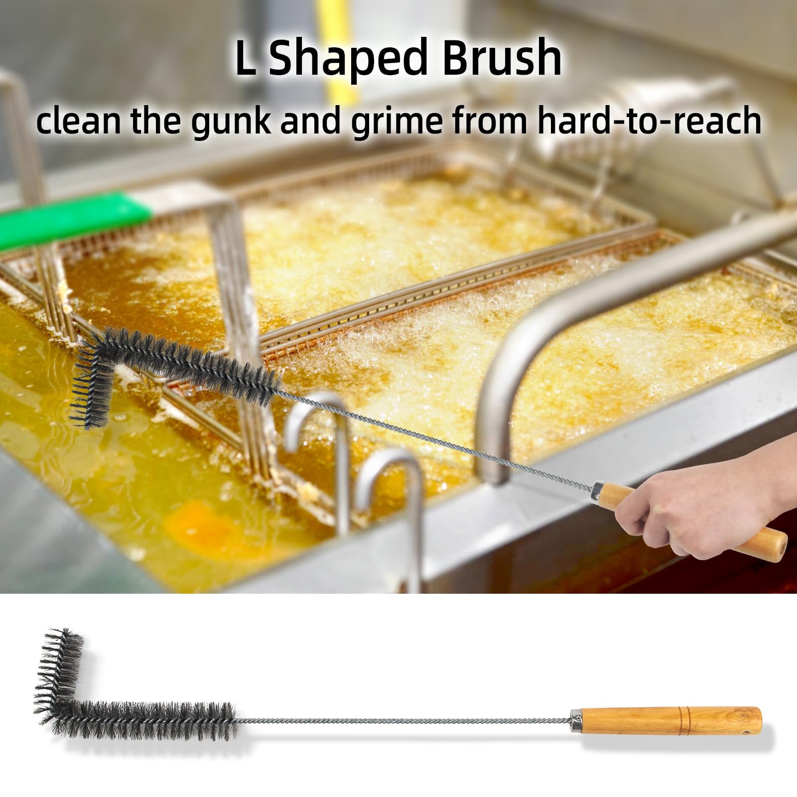 3-Piece Stainless Steel Fryer Cleaning Kit - Basket Brush, L-Shape Brush & Rod for Deep/Air Fryers
