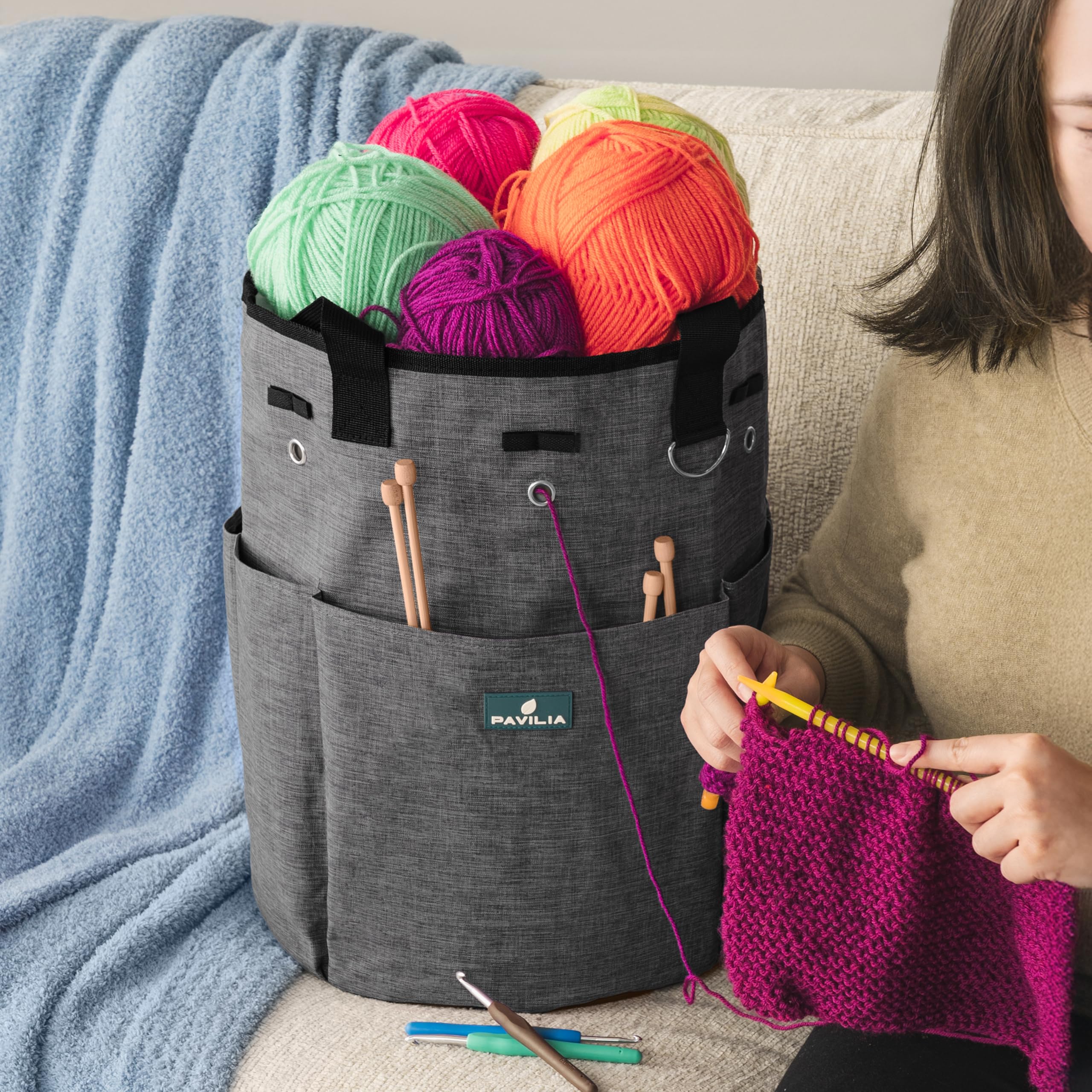 PAVILIA Crochet Knitting Bag Organizer with Grommets - Portable Yarn Storage Tote for Crafters & Knitters (Charcoal Gray) - Perfect Gift for Crochet Lovers