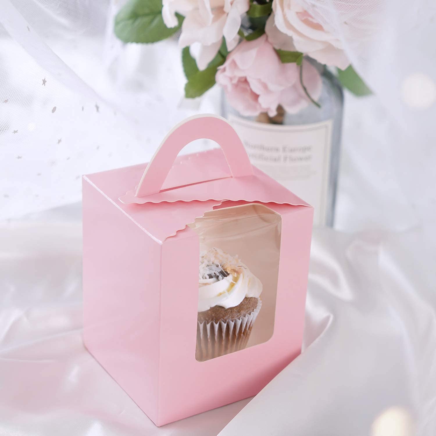 50-Pack 5oz Pink Muffin Liners & Single Cupcake Boxes with Lids - EUSOAR Aluminum Foil Baking Cups & Gift Box Holders for Wedding, Birthday Party, Baby Shower - Perfect for Cake Treats, Dessert Display & Party Favors