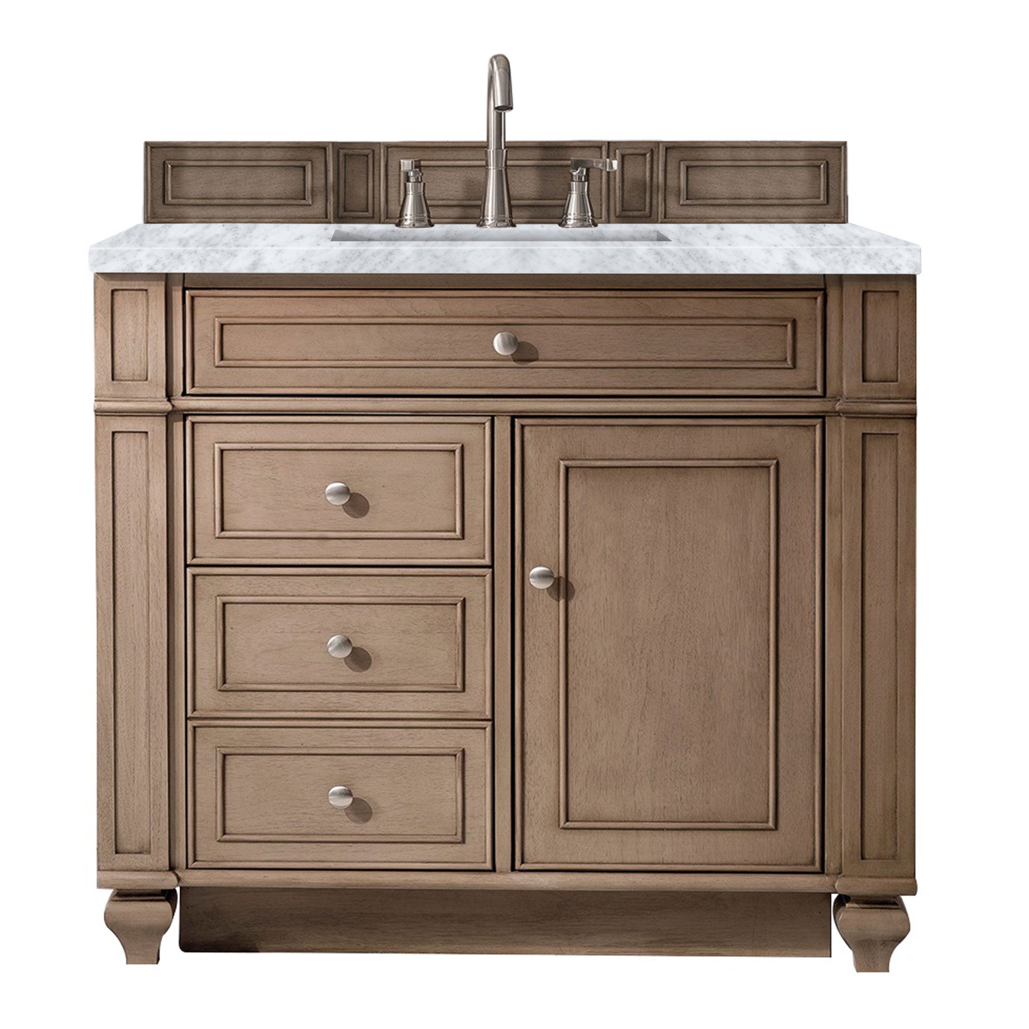 Bristol 36 Inch Single Bathroom Vanity with Whitewashed Walnut Finish & 3CM Carrara Marble Top - Perfect for Modern Farmhouse, Coastal, or Transitional Bathroom Designs