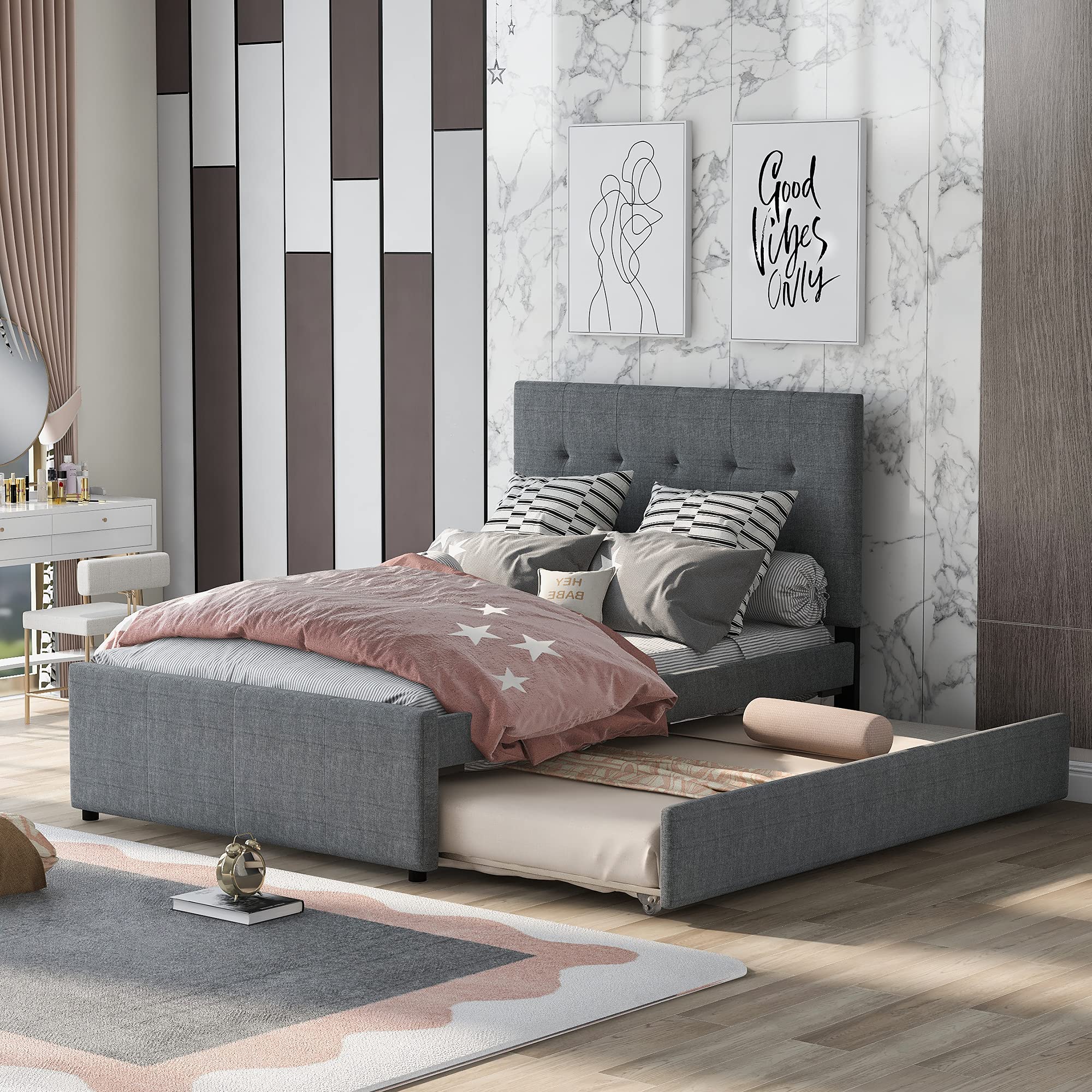 Linen Upholstered Platform Bed with Headboard - Full Size Kids Bed Frame with Trundle, No Box Spring Needed | Perfect for Children's Bedroom, Guest Room & Space-Saving Solutions