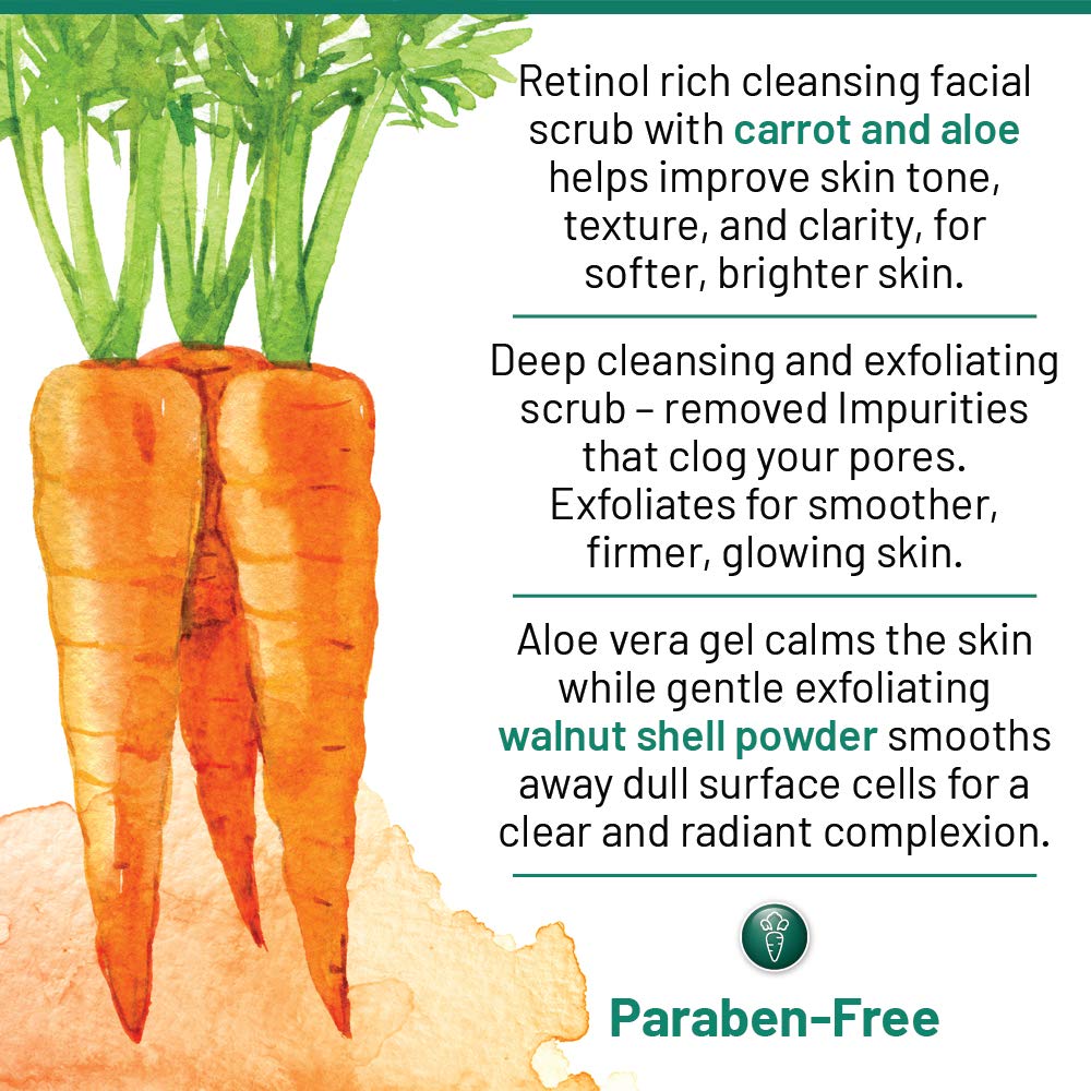 40 Carrots Carrot Aloe Facial Cleansing Scrub - Improves Skin Tone & Texture for Softer Radiant Skin | USA Made, Paraben & Cruelty Free (3oz) | Gentle Exfoliation for Daily Skincare Routine & Acne Prone Skin