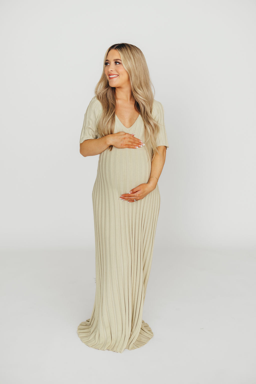 Oakley Ribbed Maxi Dress in Dusty Lime - Bump Friendly Maternity Dress for Pregnancy & Nursing | Comfortable Stretchy Fabric for Casual Wear, Beach Outings & Special Occasions