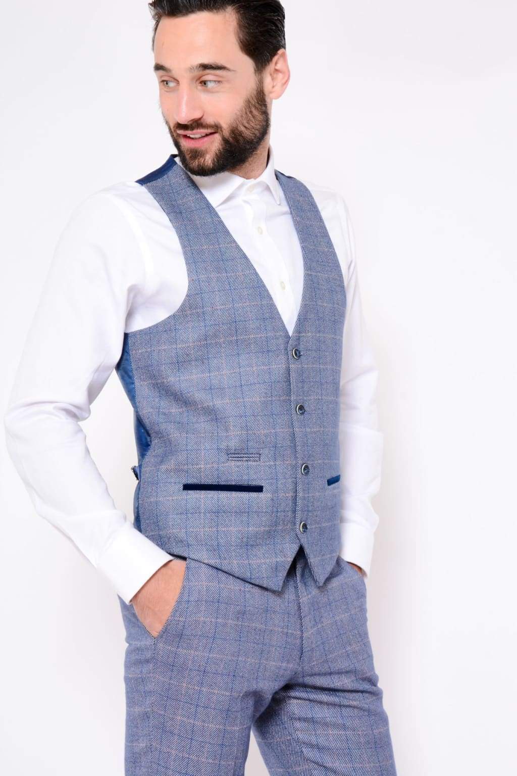 Marc Darcy Hilton Blue Tweed Check Single Breasted Waistcoat for Men - Elegant Formal Vest for Weddings, Business & Office Wear