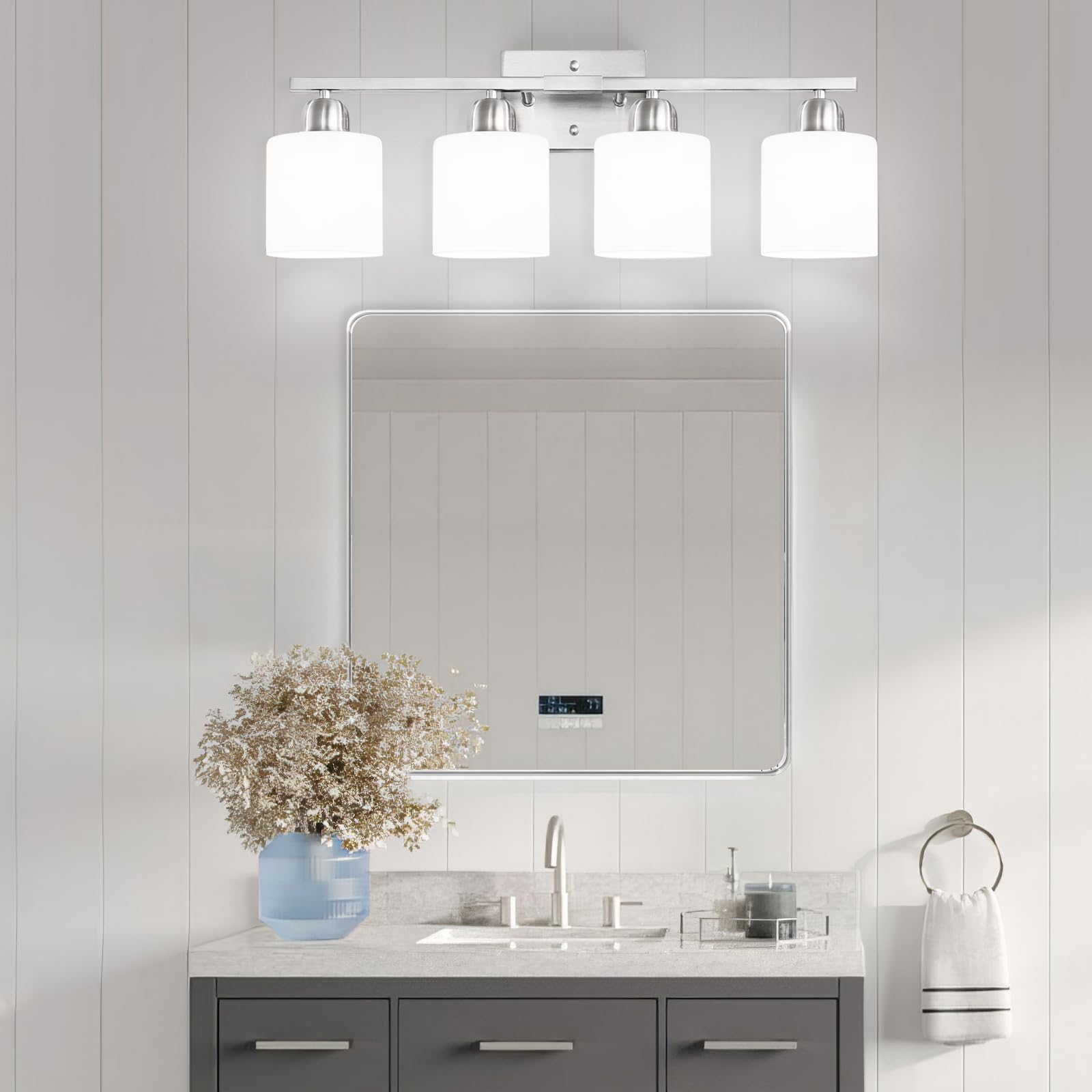 4-Light Brushed Nickel Bathroom Vanity Light Fixture with Milky White Frosted Glass Shade - E26 Base Wall Sconce for Mirror, Bedroom & Living Room - Perfect for Modern Home Decor and Ambient Lighting