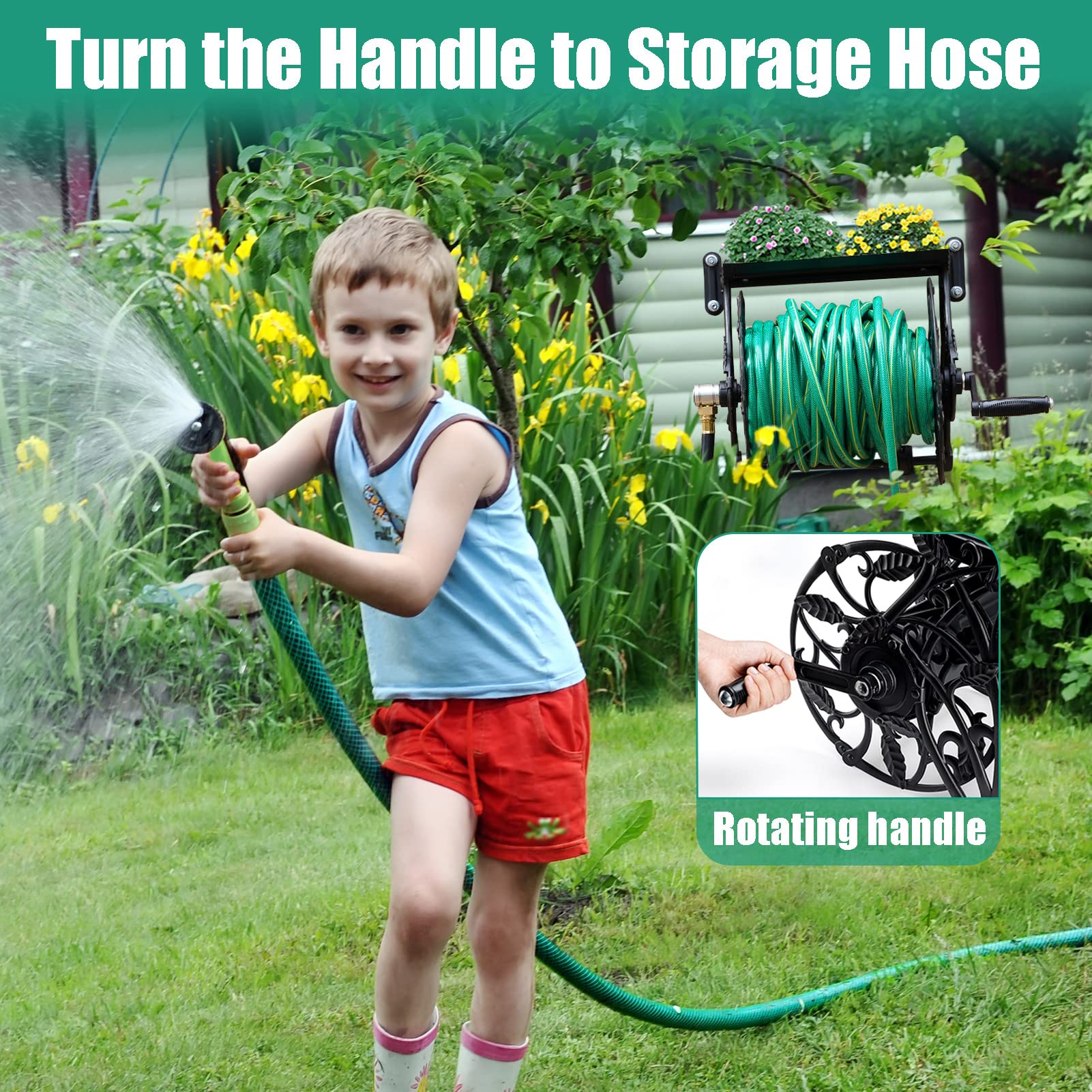 **Wall Mount Garden Hose Reel with 6.5ft Leader Hose & Storage Shelf – Holds 130ft of 5/8