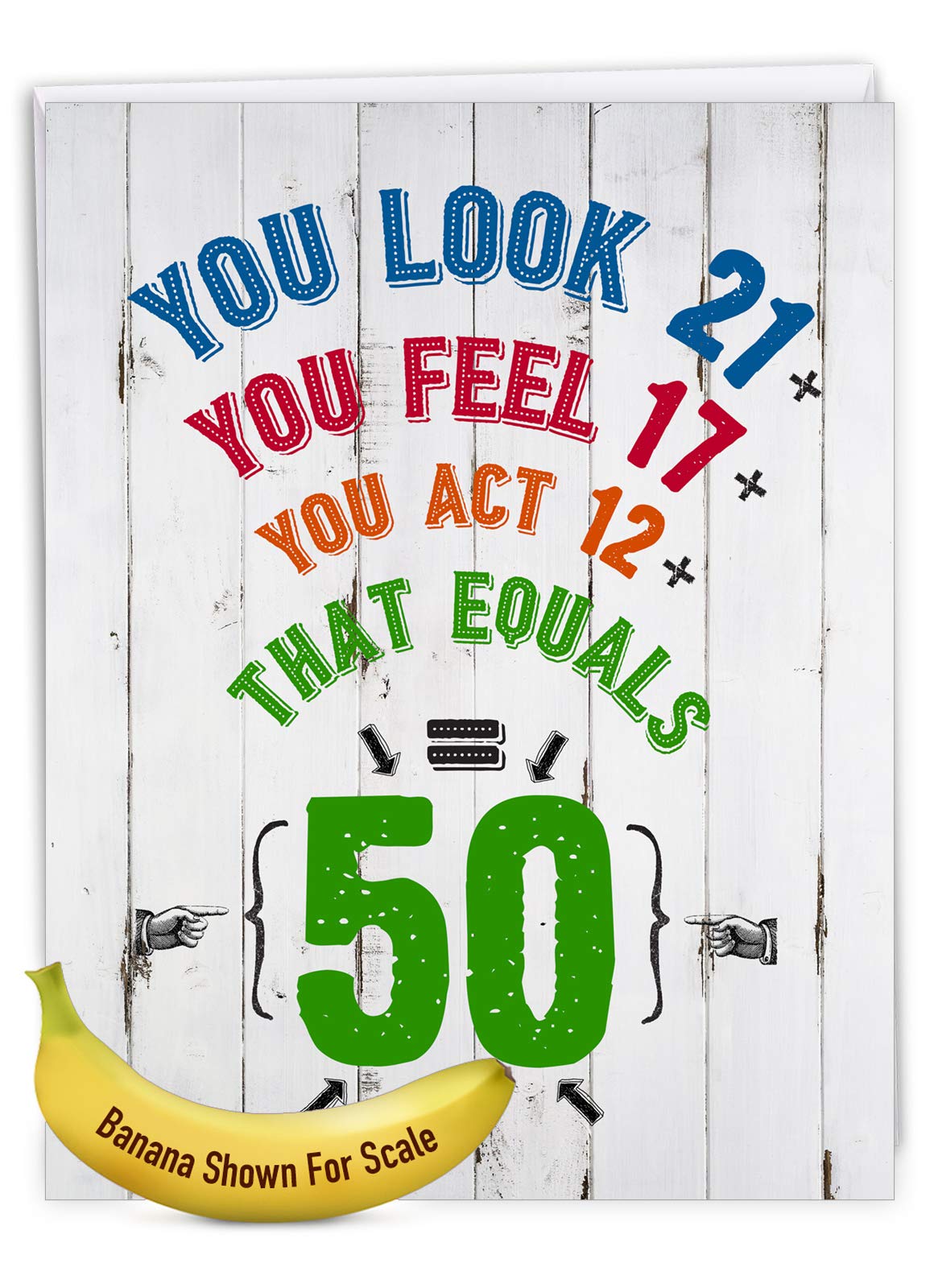 NobleWorks Funny 50th Birthday Card - 8.5 x 11 Inch Milestone Notecard with Age Equation Design - Perfect for Group Celebrations, Office Parties & Special Birthday Wishes (J7195MBG-US)