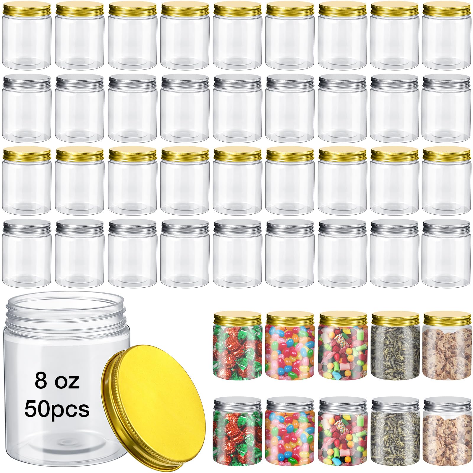 Tanlade 50 Pack 8 oz Clear Round Plastic Jars with Airtight Lids - Small Refillable Food Storage Containers for Kitchen, Pantry, Spices, Candy, Crafts & DIY Organization (Gold & Silver)