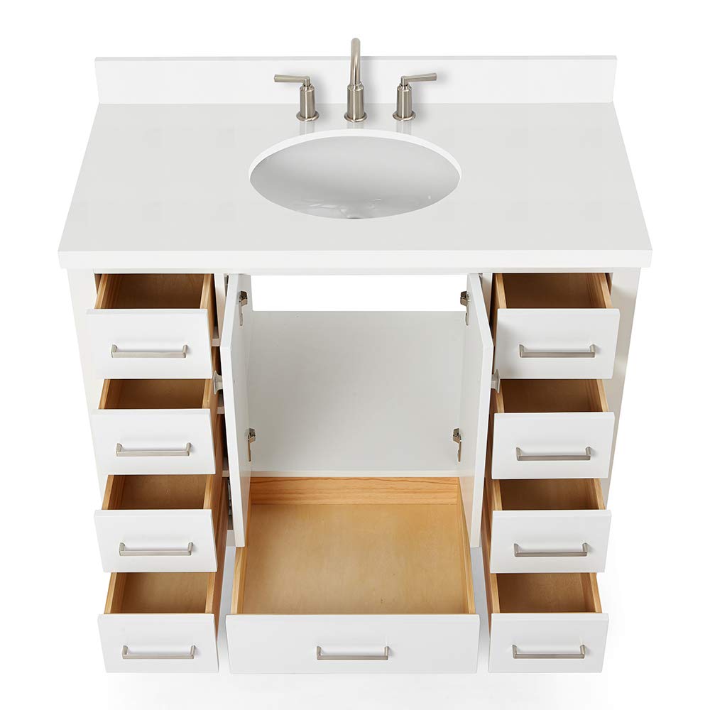 ARIEL Cambridge 43 Inch White Bathroom Vanity with Sink - Solid Wood Cabinet, Quartz Countertop & Oval Undermount Sink - 2 Soft-Closing Doors & 9 Drawers - Perfect for Modern Bathrooms, Master Bath Suites & Powder Rooms
