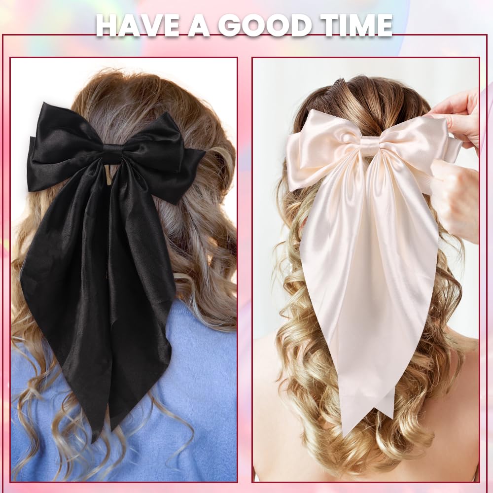 6PCS Large Hair Bows Clips for Women - Long Tail Soft Ribbon Silky Satin Barrettes Hair Accessories (6 Colors) | Perfect for Weddings, Parties, Daily Styling & Gifts