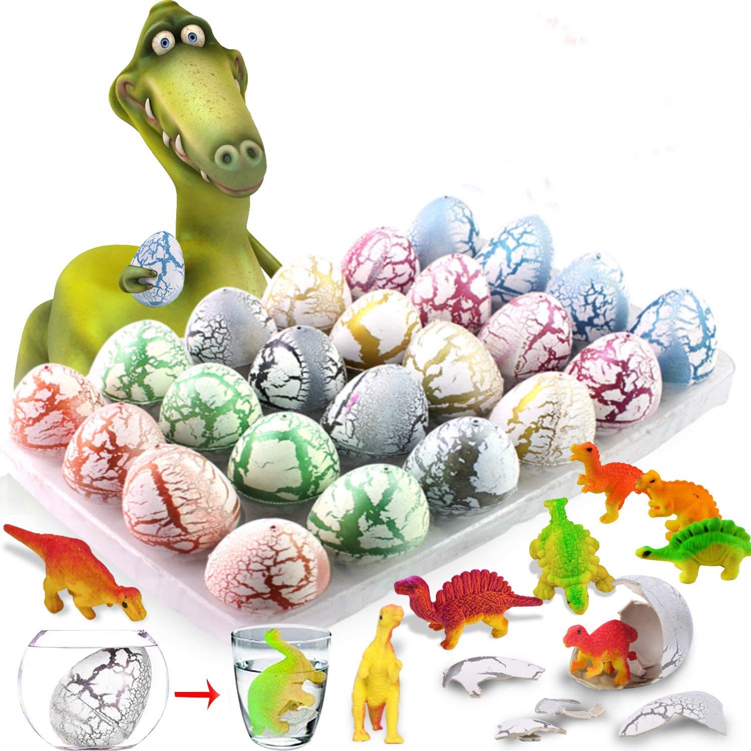 24 Pack Easter Dinosaur Eggs That Hatch in Water - Dino Egg Toys with Mini Dinosaur Figures Inside - Fun Easter Basket Stuffers for Boys & Kids - Perfect for Easter Egg Hunt Party Favors & STEM Learning Activities
