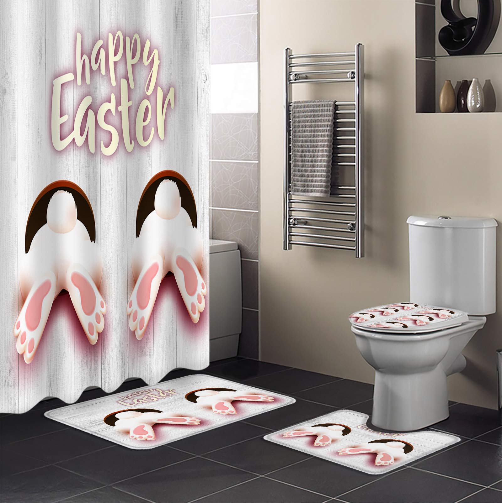 Funny Rabbit Easter Non-Slip Shower Curtain Set - 4PC Bathroom Decor with Rug, Toilet Cover & 12 Hooks | Durable Washable Waterproof Bath Mat for Home Decor | Perfect for Easter Decorations, Spring Bathroom Makeover & Gift Ideas