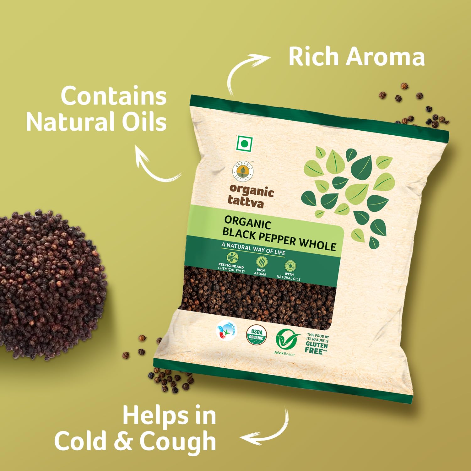 Organic Tattva Gluten-Free Black Pepper (Kali Mirch) - 100g | Farm-Fresh, Naturally Processed, No Artificial Additives | Perfect for Cooking, Seasoning & Healthy Recipes