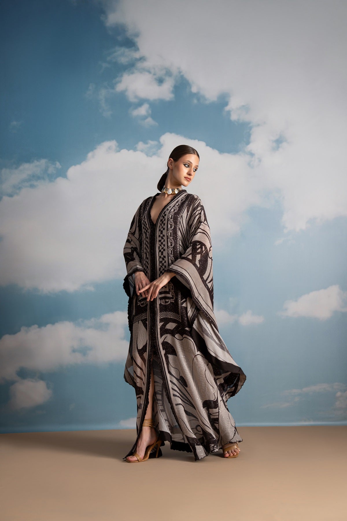 Stylish Chocolate Swirl Print Front Open Kaftan with Slip - Perfect for Beach Cover-Up, Poolside Lounging & Summer Vacation Outfits