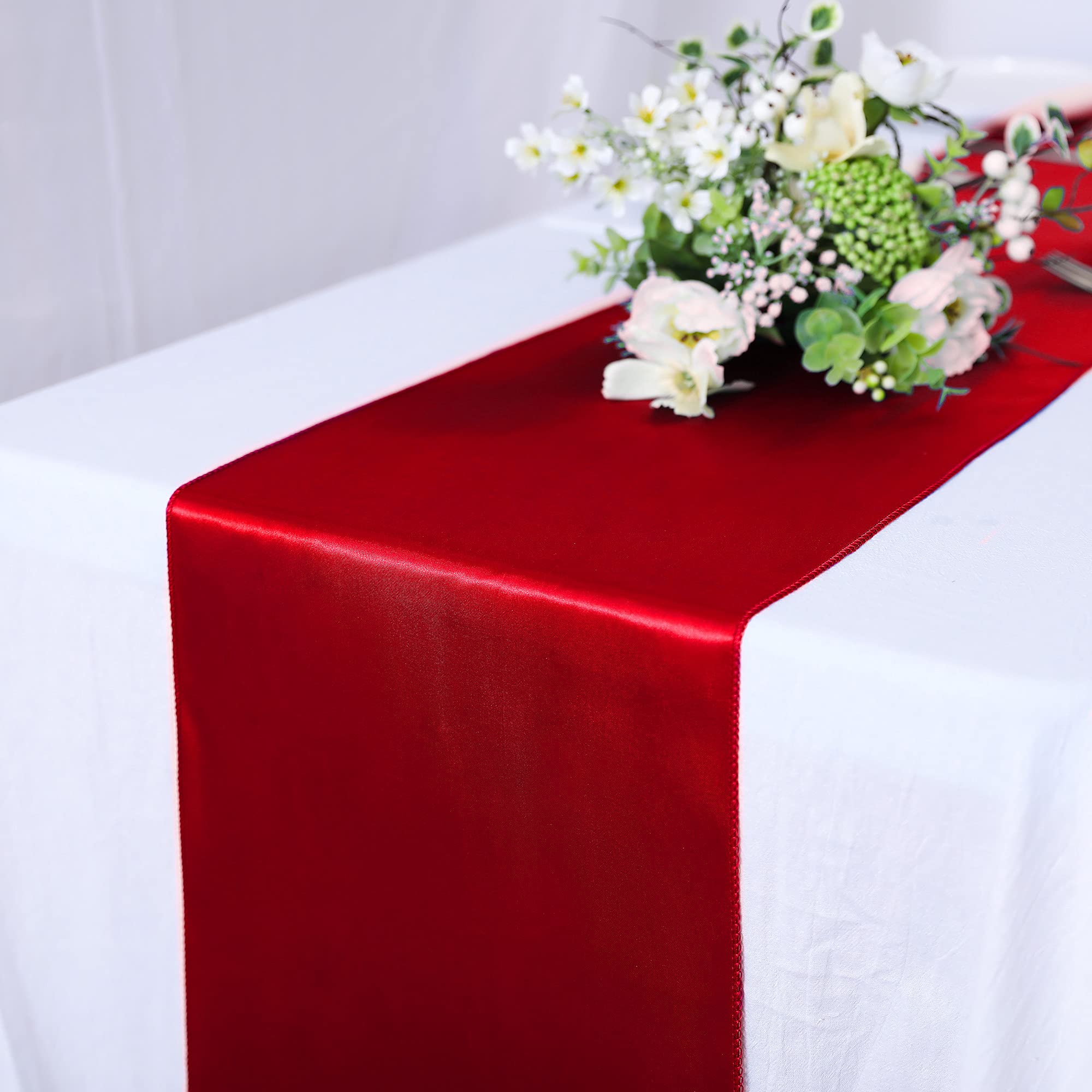 10 Pack Red Satin Table Runners 12x108 Inch for Wedding Decor