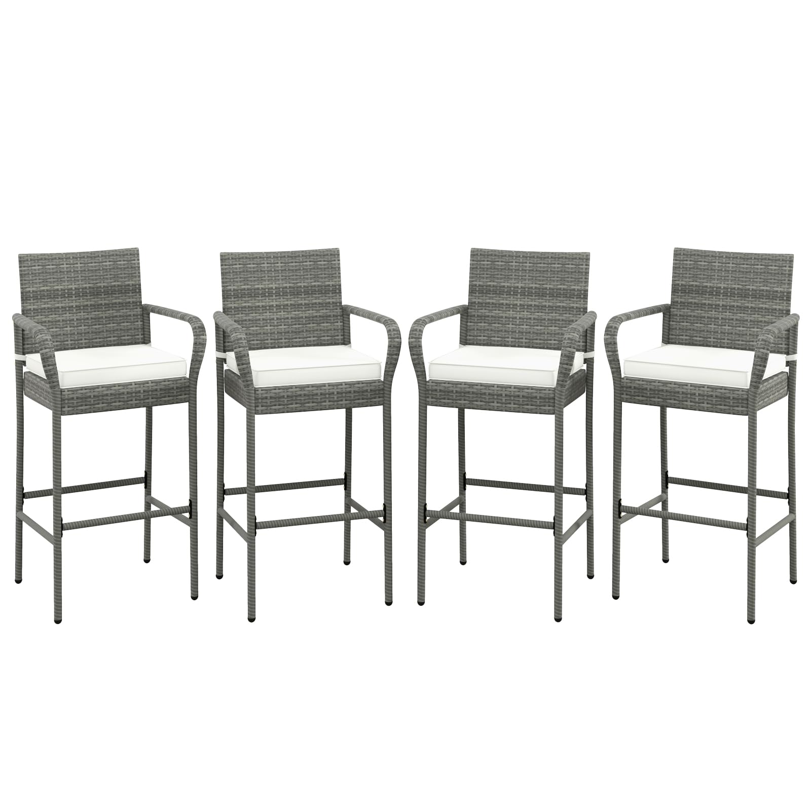 COSTWAY 4-Piece Wicker Bar Stool Set with Cushions - Patio Bar Height Chairs with Armrests & Footrests - Outdoor Rattan Barstools for Backyard, Deck, Pool - 400 lbs Weight Capacity - Mix Gray - Perfect for Outdoor Dining, Entertaining & Relaxing
