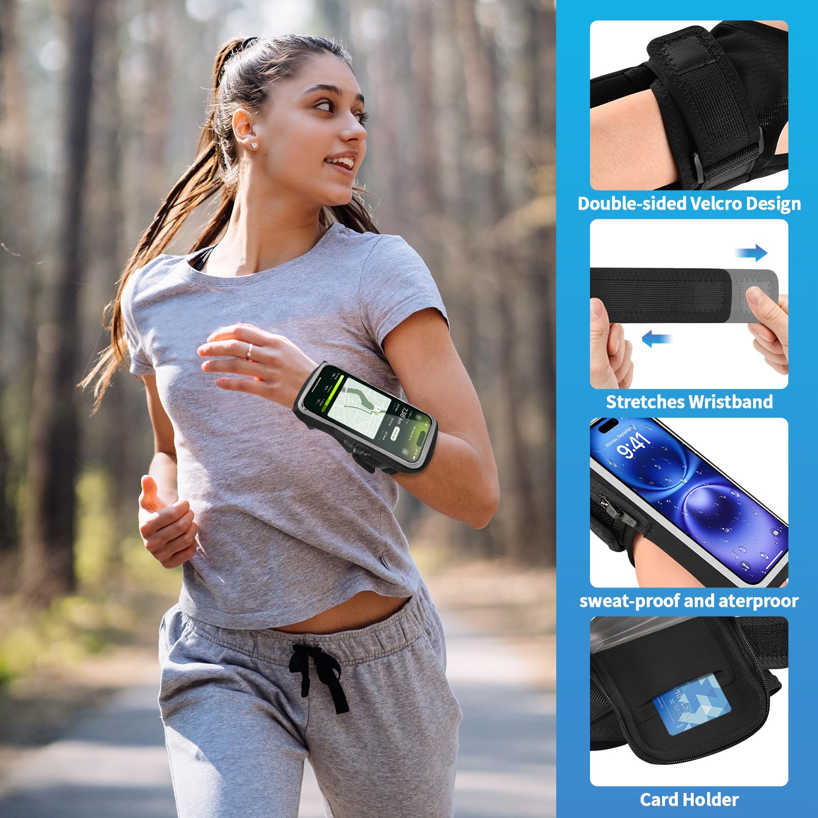 Adjustable Waterproof Phone Holder for Running - Wristband Armband Compatible with iPhone 16/15/14/13/12/11/X/XR & Galaxy S24/S23/S22/S21 - Secure Fitness Accessory with Card Slot - Perfect for Jogging, Gym Workouts & Outdoor Activities