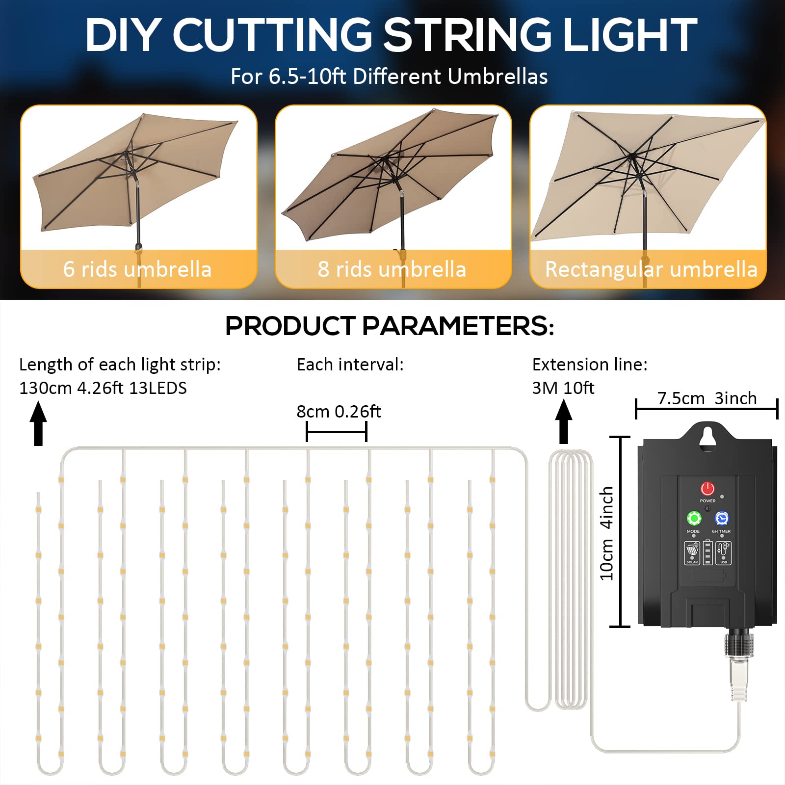 Solar Powered Patio Umbrella Lights - 8 Lighting Modes with Remote Control, Waterproof Outdoor String Lights for Garden, Beach, Tent & Party Decorations | Perfect for Patio Dining, Backyard BBQs and Evening Gatherings