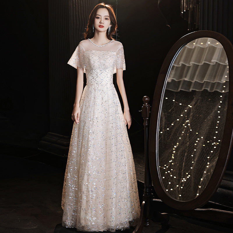 Elegant Champagne Sparkly Long Evening Dress with Short Sleeves - Perfect for Prom, Homecoming, and Formal Events - Size 44
