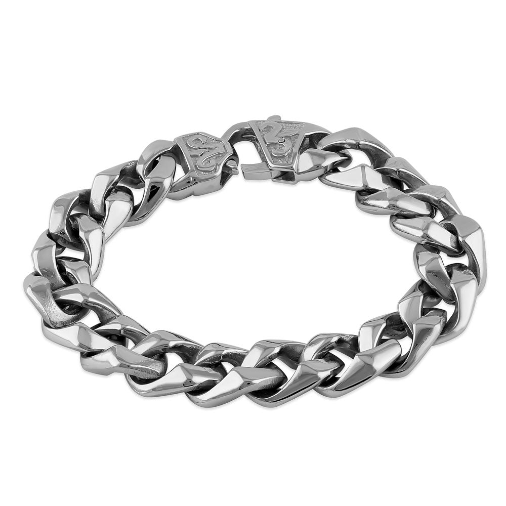 Stainless Steel 12.5mm Curb Chain Fleur de Lis Clasp Bracelet for Women - Elegant Jewelry Gift for Birthday, Anniversary & Special Occasions