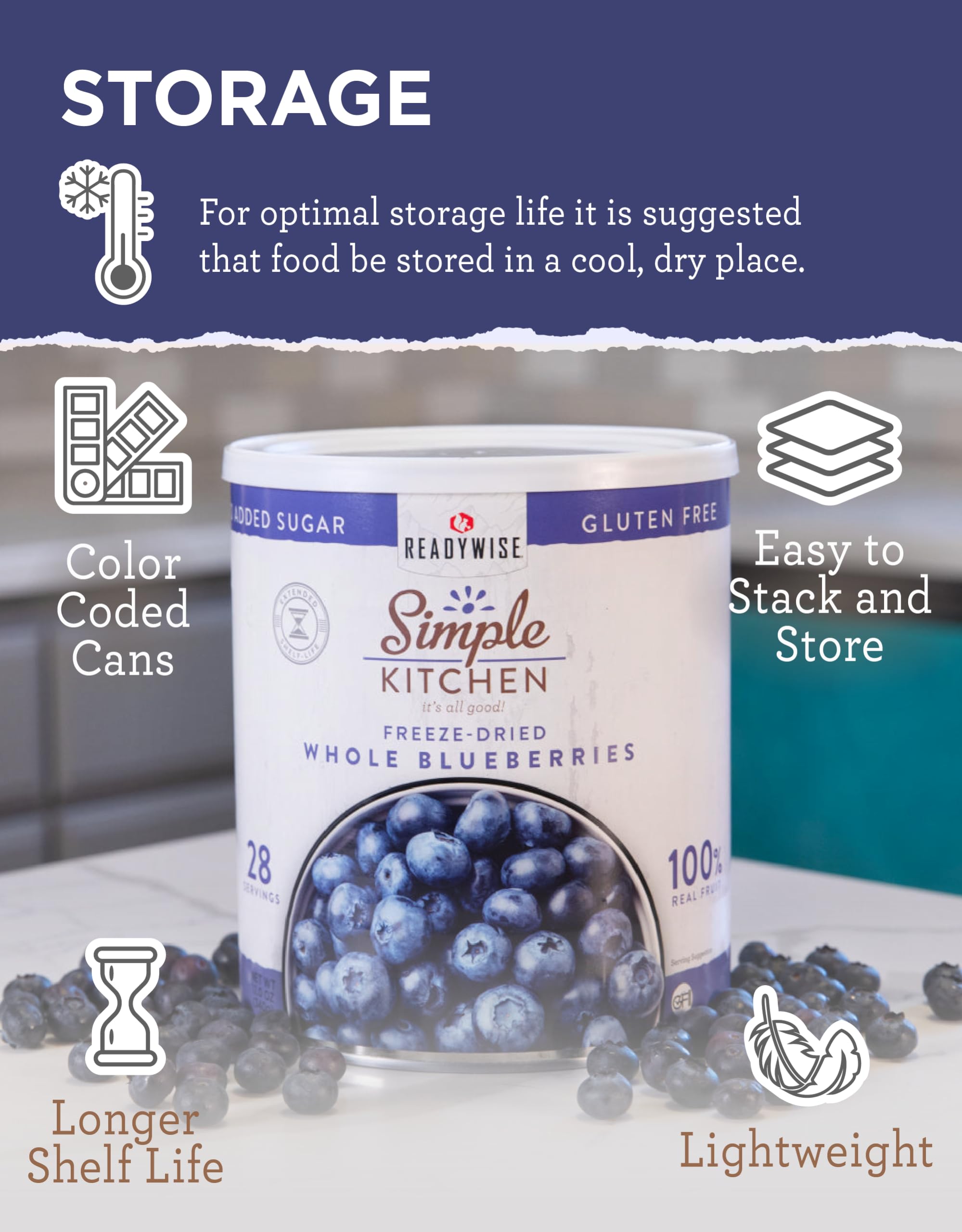 READYWISE Freeze Dried Whole Blueberries - 28 Servings, Vegan, Gluten Free, Non-GMO, Healthy Fruit Snacks for Hiking, Camping & Emergency Food Storage