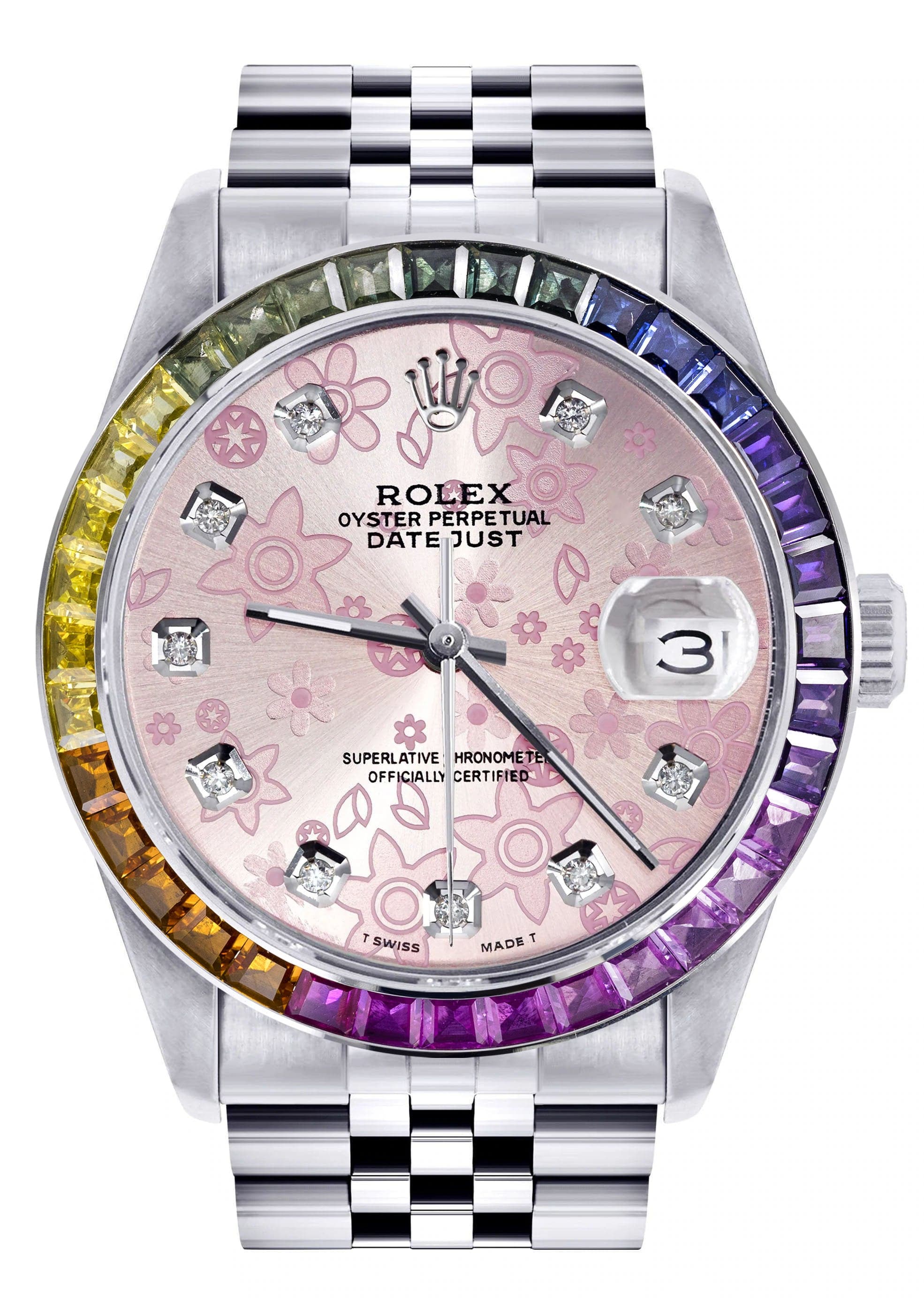 Luxury Diamond Gold Rolex Watch For Men 16200 | 36mm Stainless Steel | Rainbow Sapphire Bezel | Pink Floral Dial | Jubilee Bracelet | Perfect for Weddings, Gala Events & Luxury Gift Giving