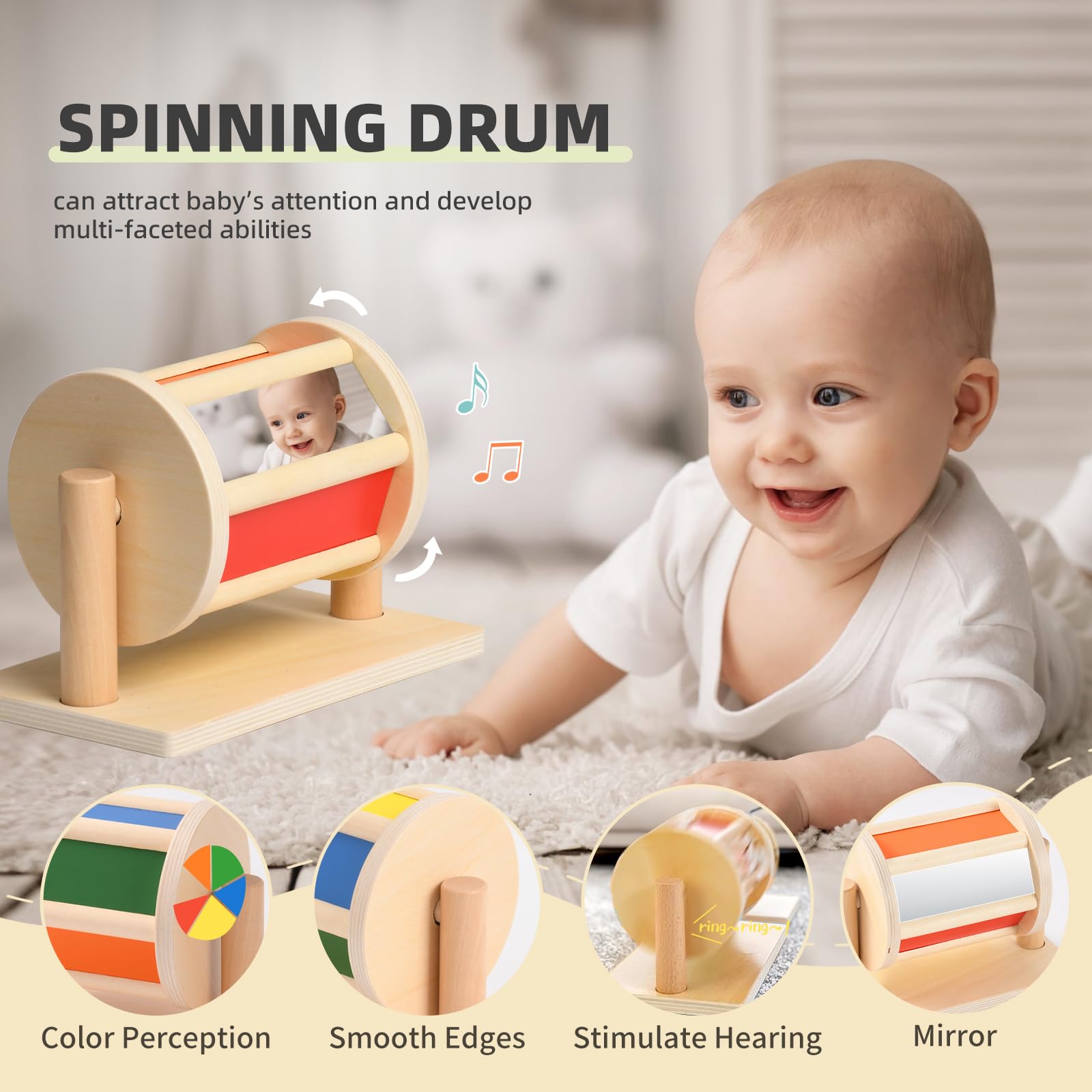 Montessori Wooden Sensory Toys for Babies 0-6 Months - 6-in-1 Educational Learning Set with Spinning Drum, Tissue Box, Rattle & Flashcards - Perfect Baby Shower & Birthday Gift for Boys & Girls - Ideal for Early Childhood Development & Sensory Play
