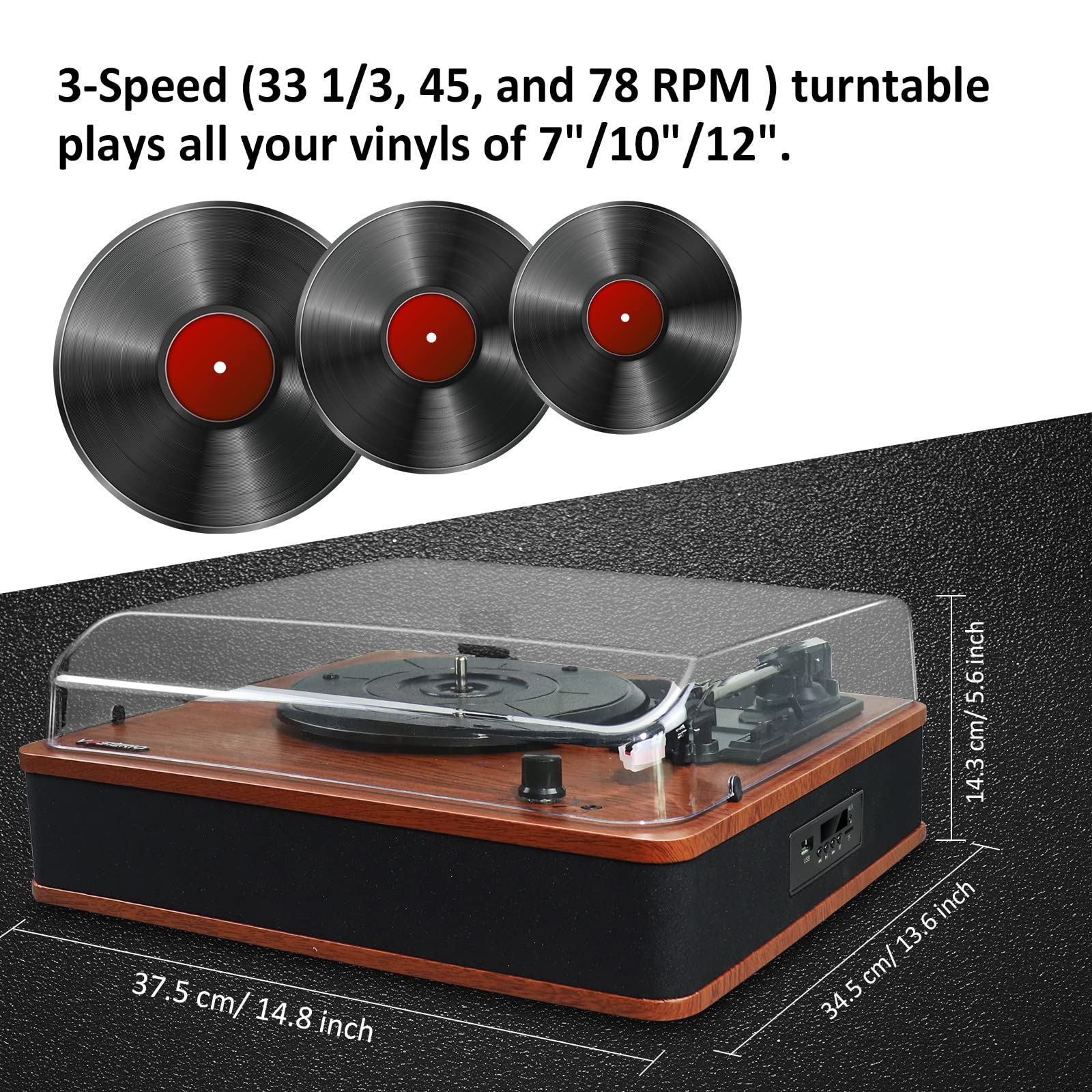 VOSTERIO Bluetooth Record Player - Wireless Turntable with Built-in Speakers, USB/TF Card Playback & Recording, FM Radio, LED Display - Perfect for Home Entertainment, Vinyl Collection & Retro Music Lovers