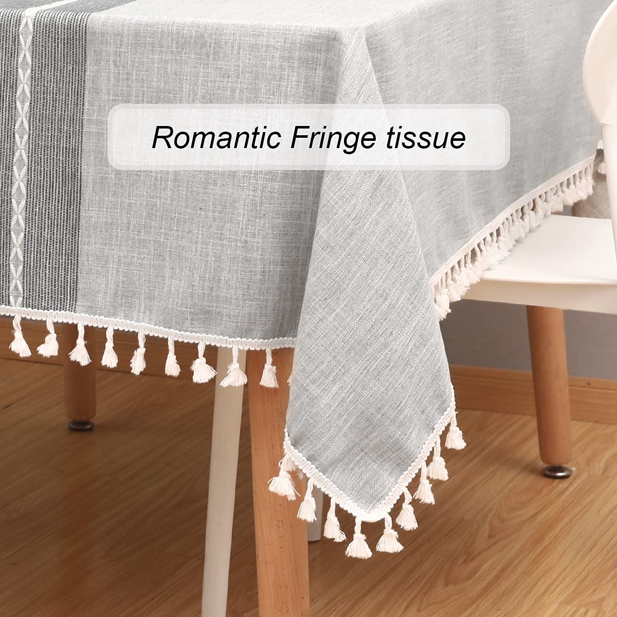 Vailge Farmhouse Tablecloth 55x120 Inches - Rustic Burlap Rectangle Table Cover with Striped Pattern & Tassel Trim, Dust-Proof Embroidered Cotton Linen Fabric for Dining Table Decor - Perfect for Outdoor Picnics, Weddings, and Farmhouse Style Home Decor