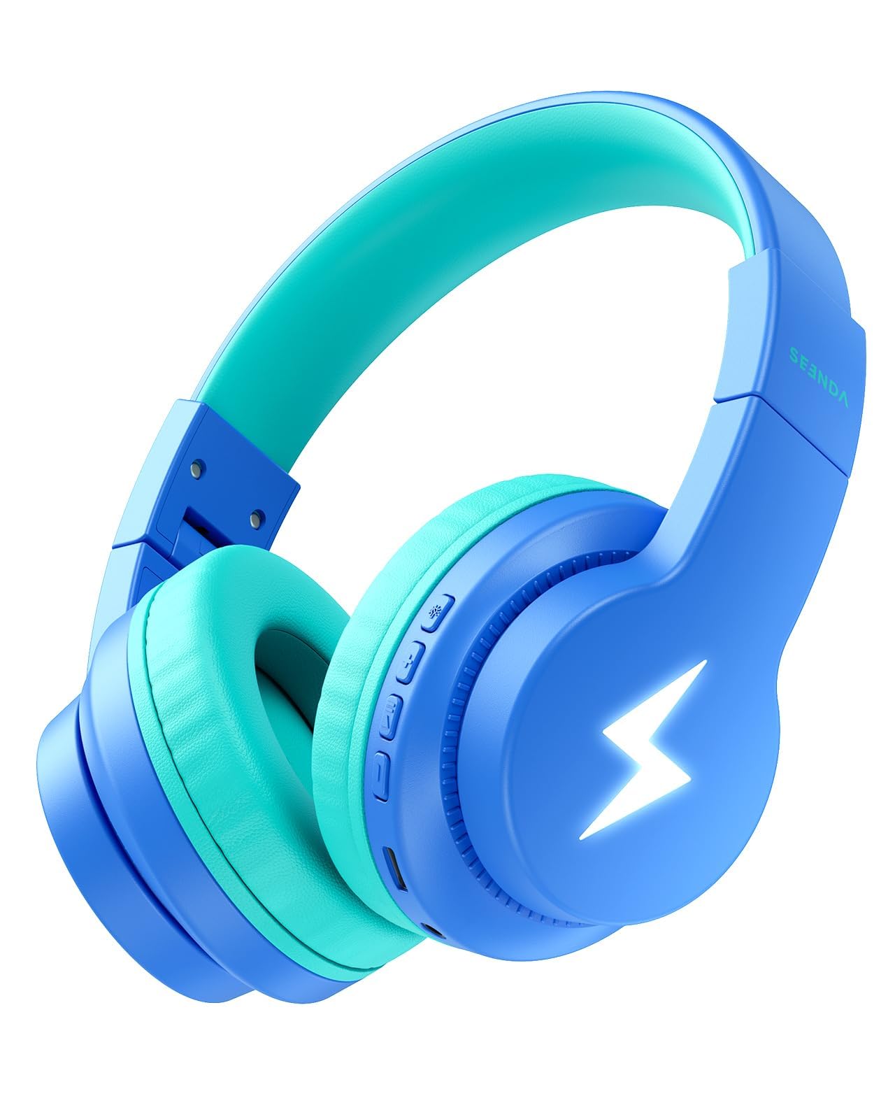 Seenda Kids Bluetooth Headphones with LED Lights - Foldable Over-Ear Headphones with 85dB/94dB Volume Limit for Safe Listening | Wireless & Wired for PC, TV, Tablet | Perfect for School, Airplane Travel, and Home Use | Blue and Green