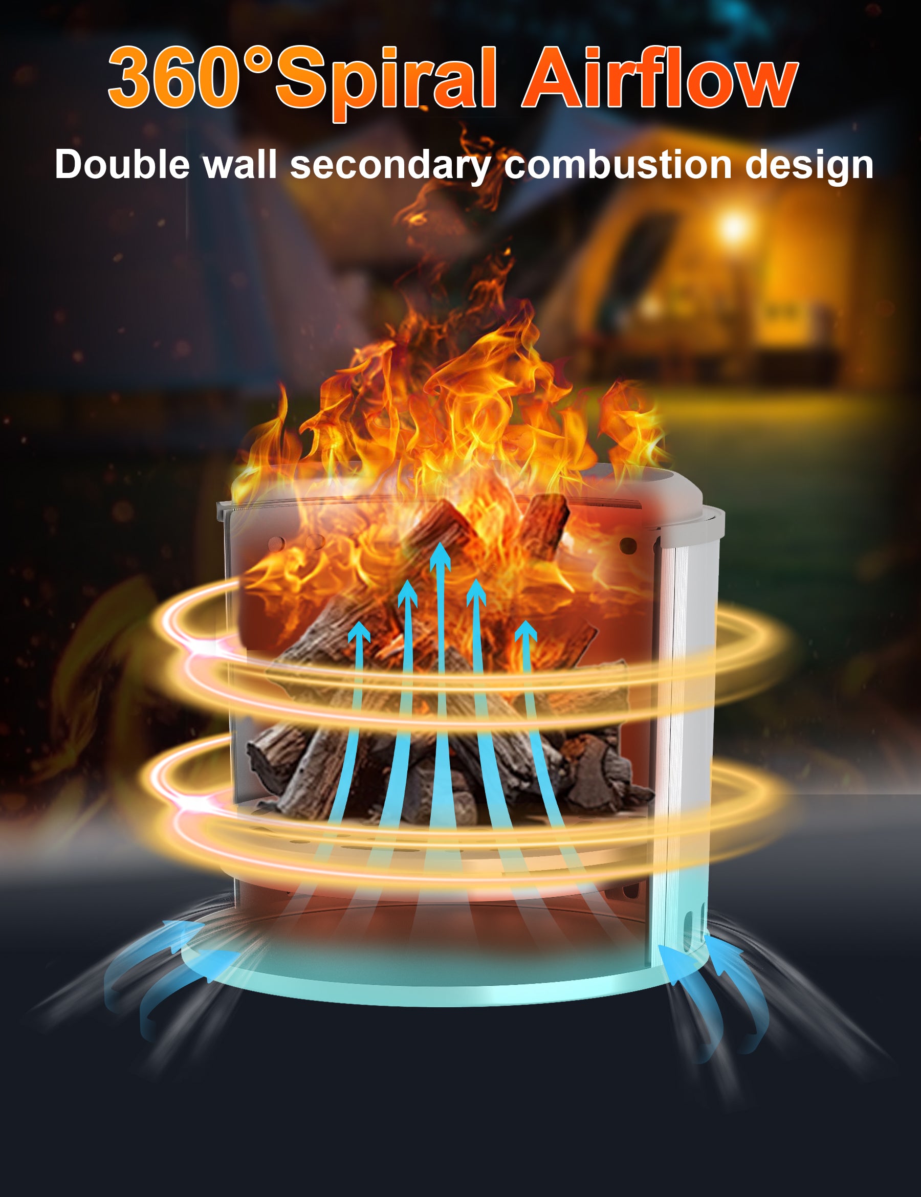 VODA 15'' Large Smokeless Fire Pit with Heat-Powered Generator - Portable Outdoor Camping Fire Pit for Phone Charging & Lighting Power Supply