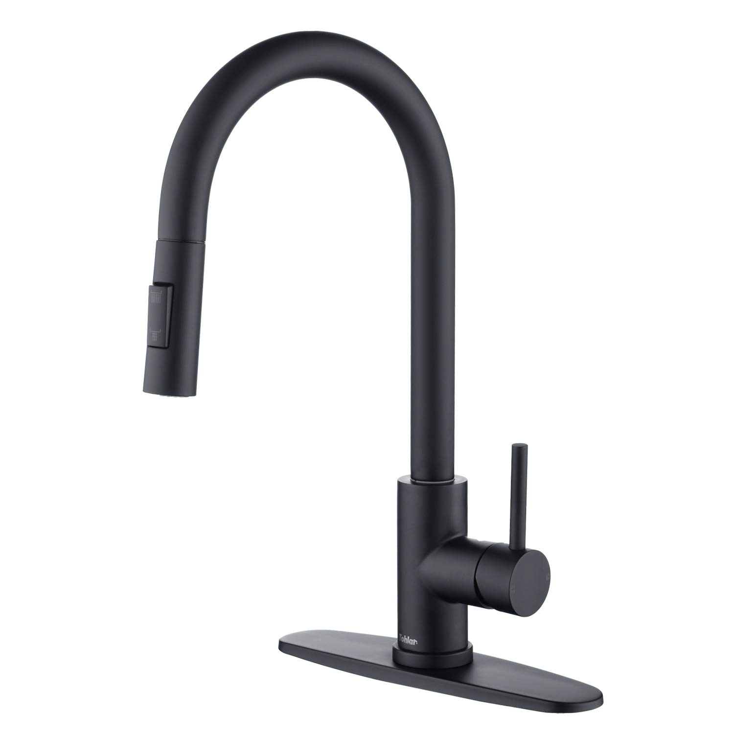 Tohlar Black Kitchen Faucet with Pull-Down Sprayer - Single Handle Modern Stainless Steel Sink Faucet with Deck Plate - Perfect for Home, Restaurant & Commercial Kitchen Use