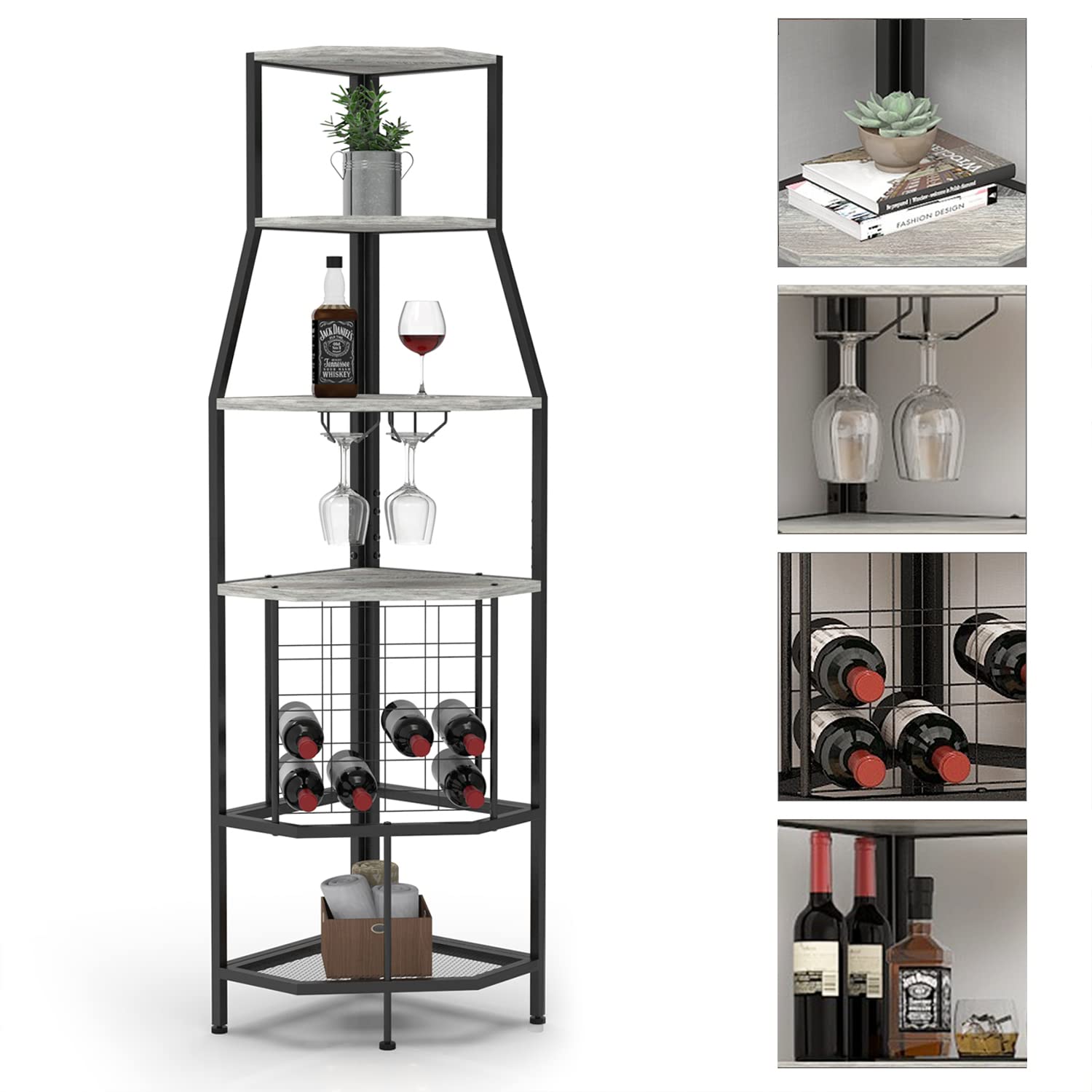 5-Tier Corner Wine Rack Floor Standing - Metal & Wood Wine Storage Shelf with Glass Holder for Kitchen, Dining Room, Home Bar | Space-Saving Corner Shelf for Wine Bottles & Stemware Organization