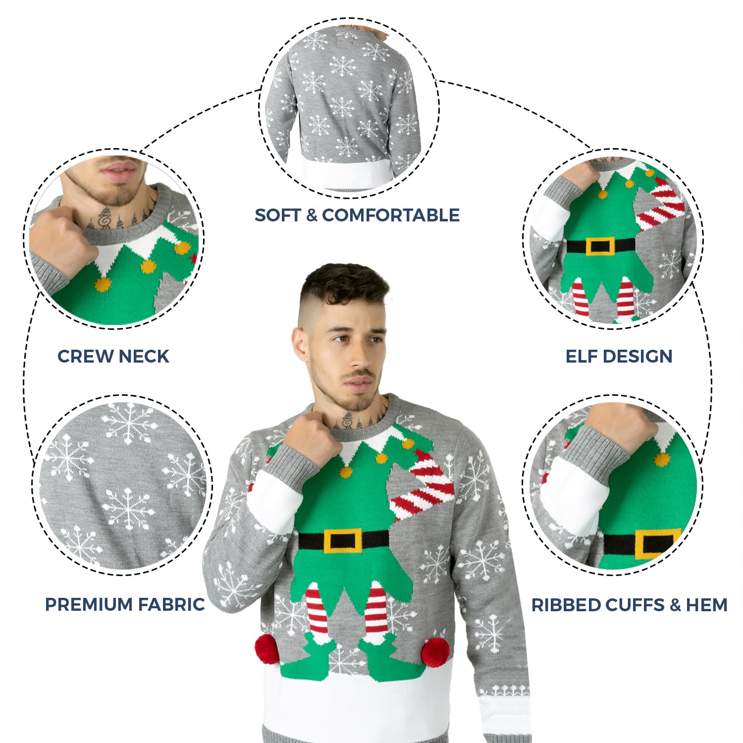 NOROZE Christmas Sweater for Men & Women - Elf Knit Jumper (Grey, XXL) - Holiday Party Wear