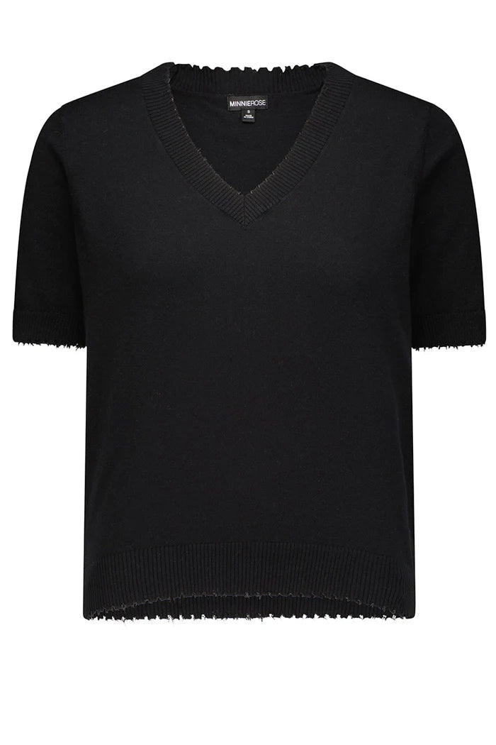 Soft Cotton Cashmere Blend Frayed V-Neck Tee for Women - Comfortable & Stylish Casual Wear for Everyday Outfits