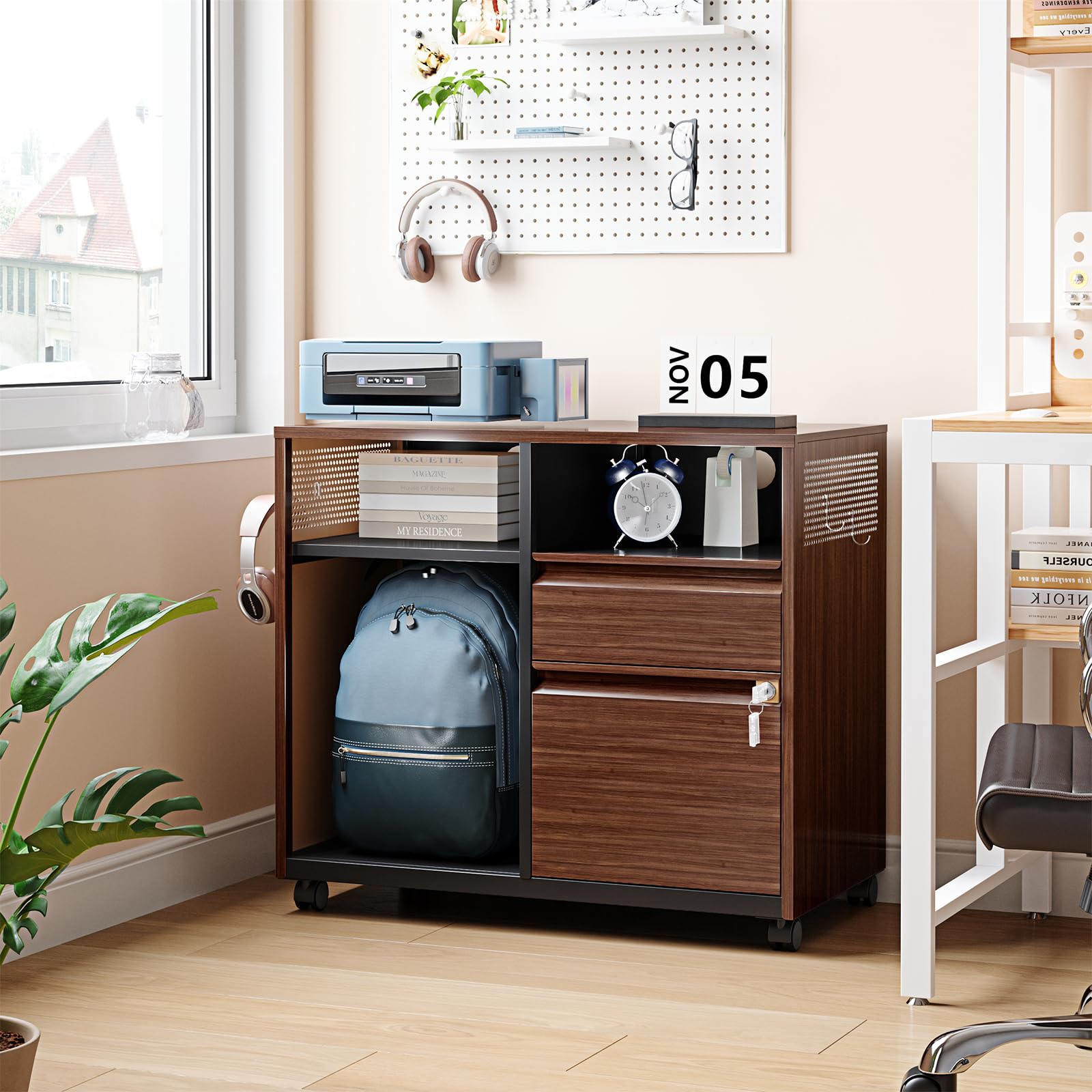 2-Drawer Mobile Lateral Filing Cabinet with Wheels - Rolling Under Desk Metal Storage & Printer Stand for Home Office - Retro Brown - Ideal for Organizing Documents & Office Supplies in Small Spaces