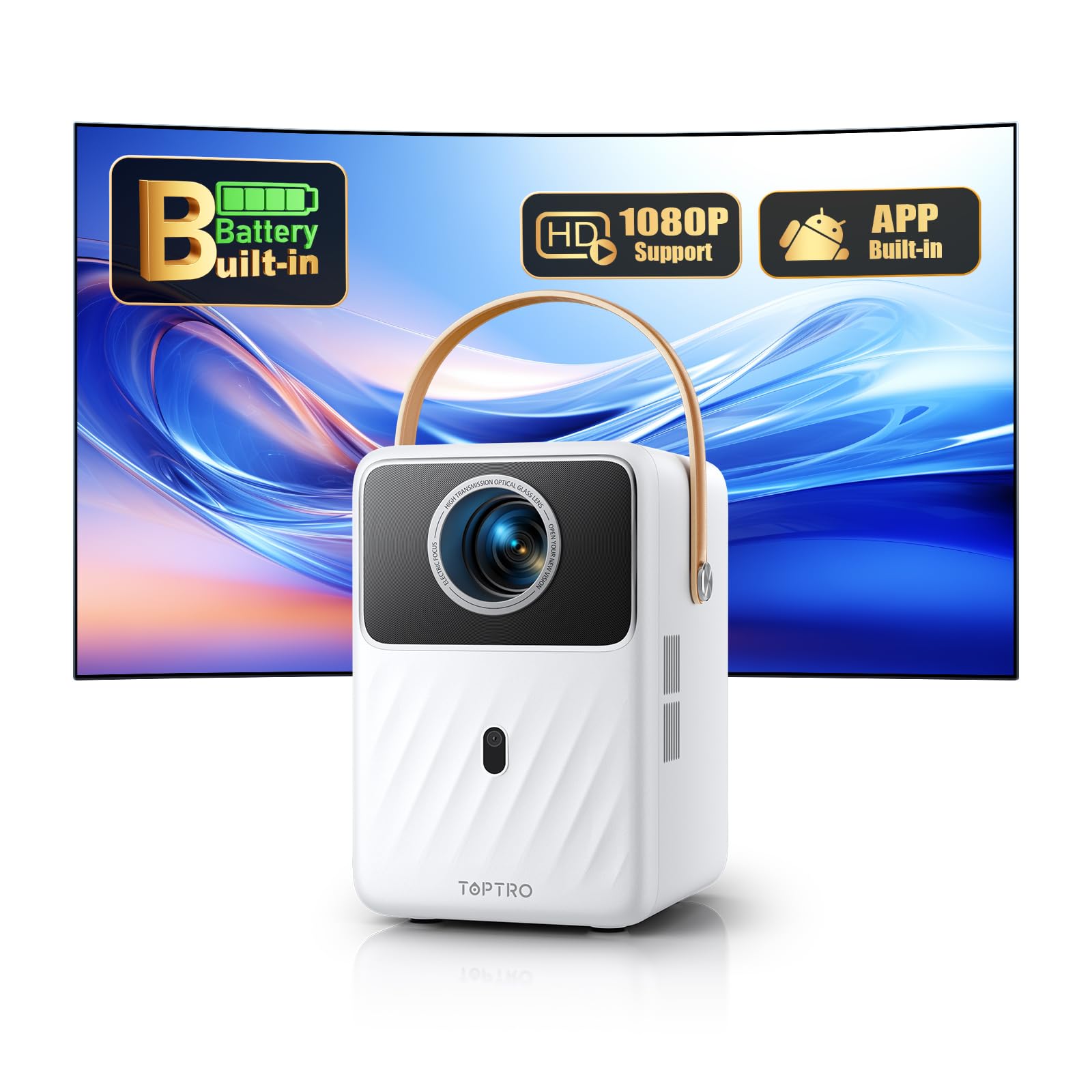 TOPTRO Portable Projector with 5G WiFi & Bluetooth - 1080P FHD Video Projector, 380 ANSI Lumens, Auto Keystone & Electric Focus - Android TV & Battery Powered for Outdoor Movies & Home Cinema