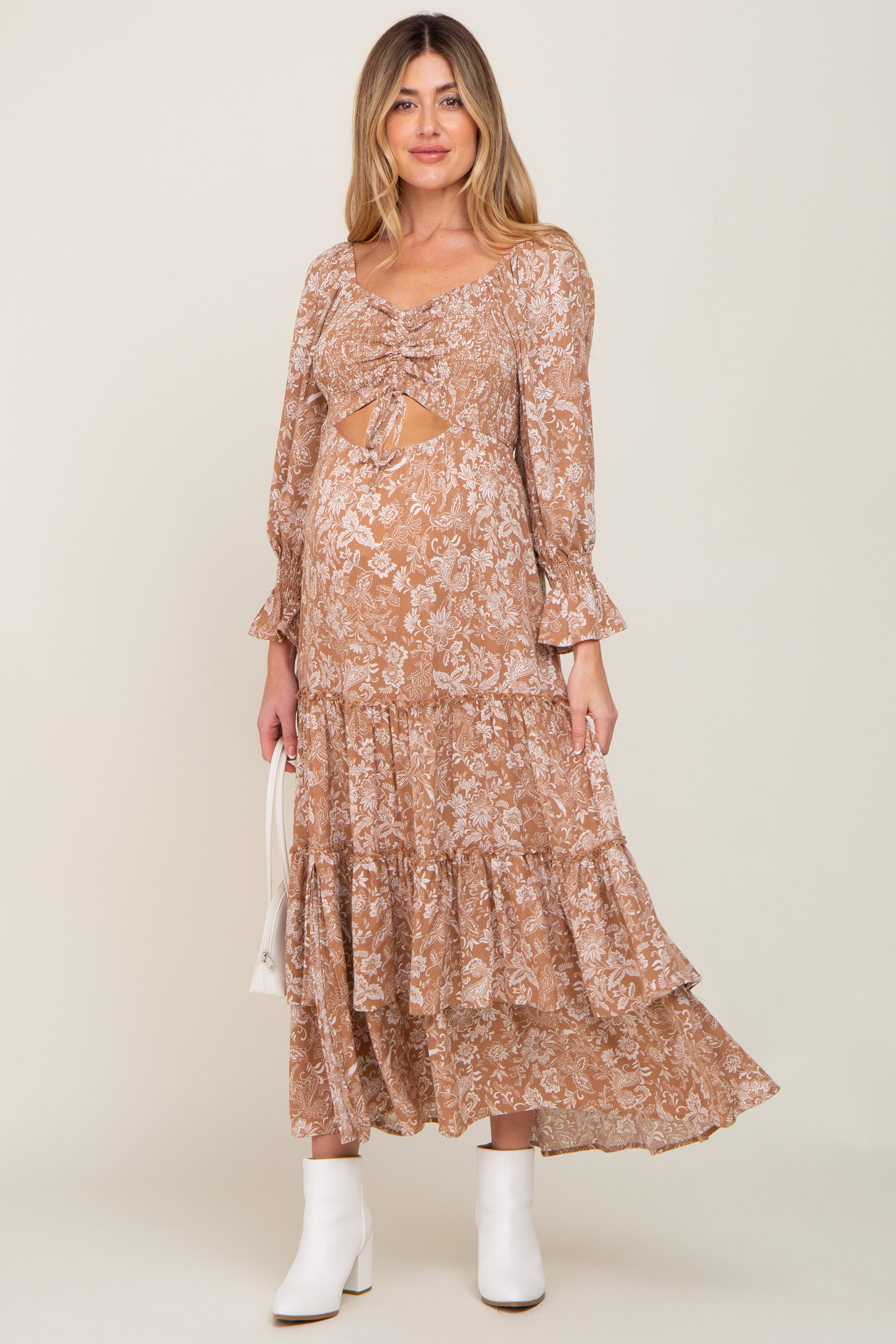 Beige Floral Cutout Smocked Tiered Maternity Maxi Dress for Pregnancy Photos, Baby Showers & Summer Vacations - Comfortable Nursing Dress for Expecting Mothers