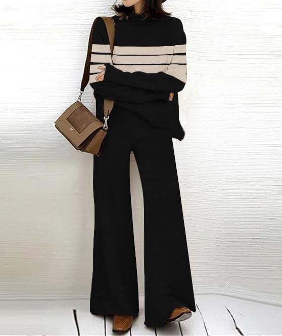 ETCYY Women's Elegant Knitted Lounge Set - 2 Piece Sweatsuit with Cozy Sweater Top & Wide Leg Sweatpants | Perfect for Home Relaxation, Yoga & Casual Outings