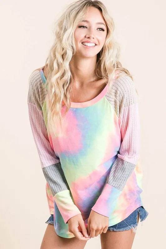 Pastel Tie Dye Bibi Terry Top with Color Block Pointelle Knit - Soft & Stylish Women's Casual Shirt for Summer Outings & Beach Vacations
