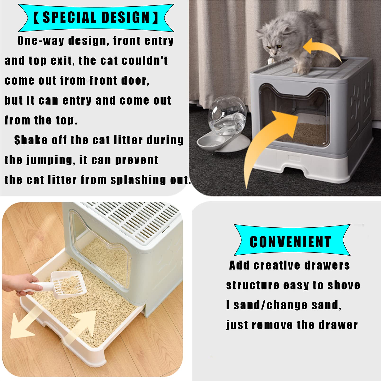 Foldable Large Enclosed Cat Litter Box with Drawer & Scoop - Top Entry Anti-Splash Design, Odor Control for Cats & Kittens (Blue) - Perfect for Small Spaces & Multi-Cat Homes