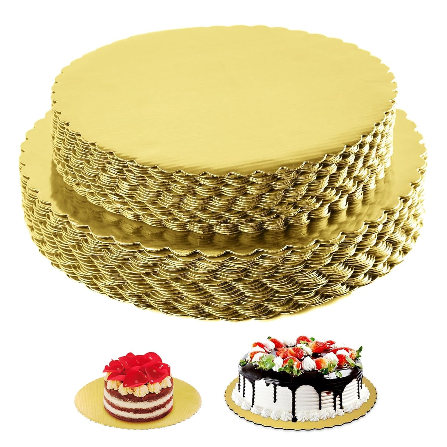 Premium 10-Inch Round Cake Boards (Pack of 10) - Sturdy MDF Cardboard Disposable Cake Stand for Wedding, Birthday & Party Decorations - Gold Scalloped Edge Tart & Pizza Base - Perfect for Bakers & Dessert Displays