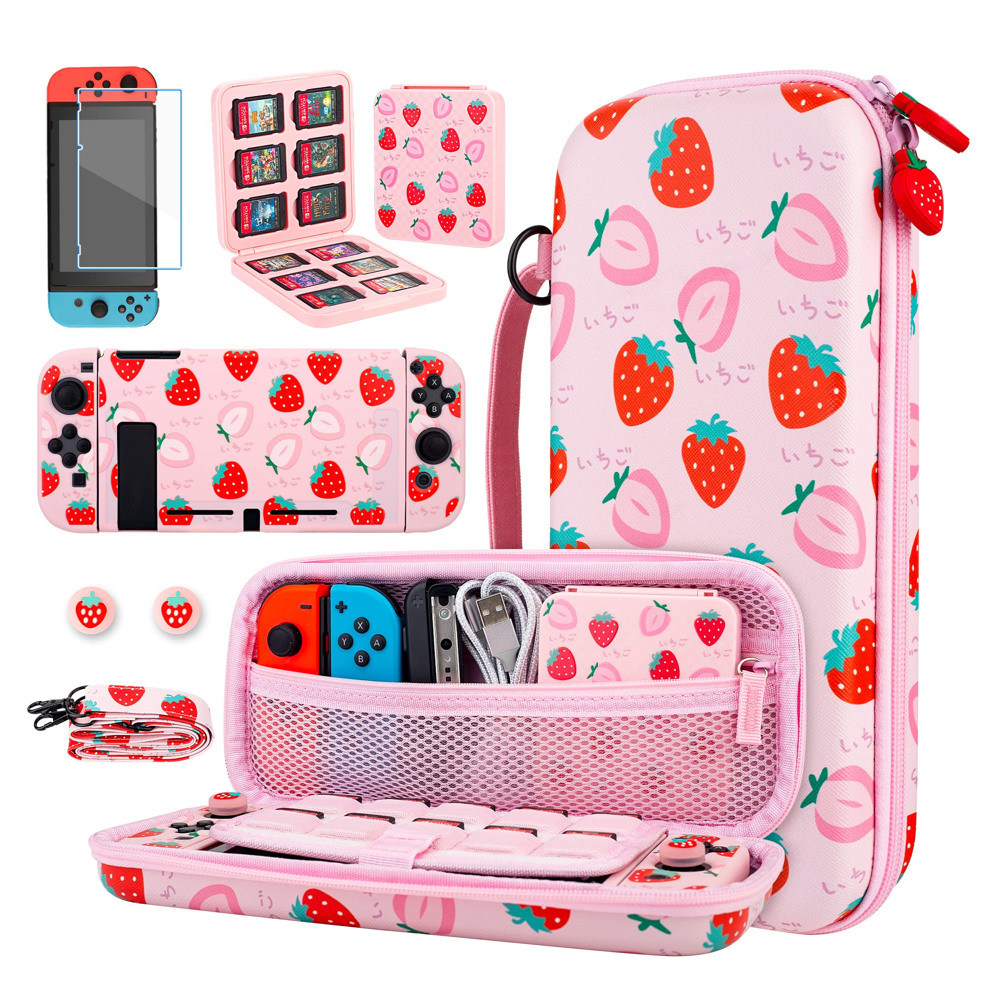 GLDRAM Pink Strawberry Nintendo Switch Carrying Case Bundle - Soft TPU Cover, Game Case, Tempered Glass Screen Protector, Thumb Grip Caps & Adjustable Shoulder Strap - Perfect Travel Accessories for Girls & Women | Portable Protection for Gaming on the Go, Commuting & Travel