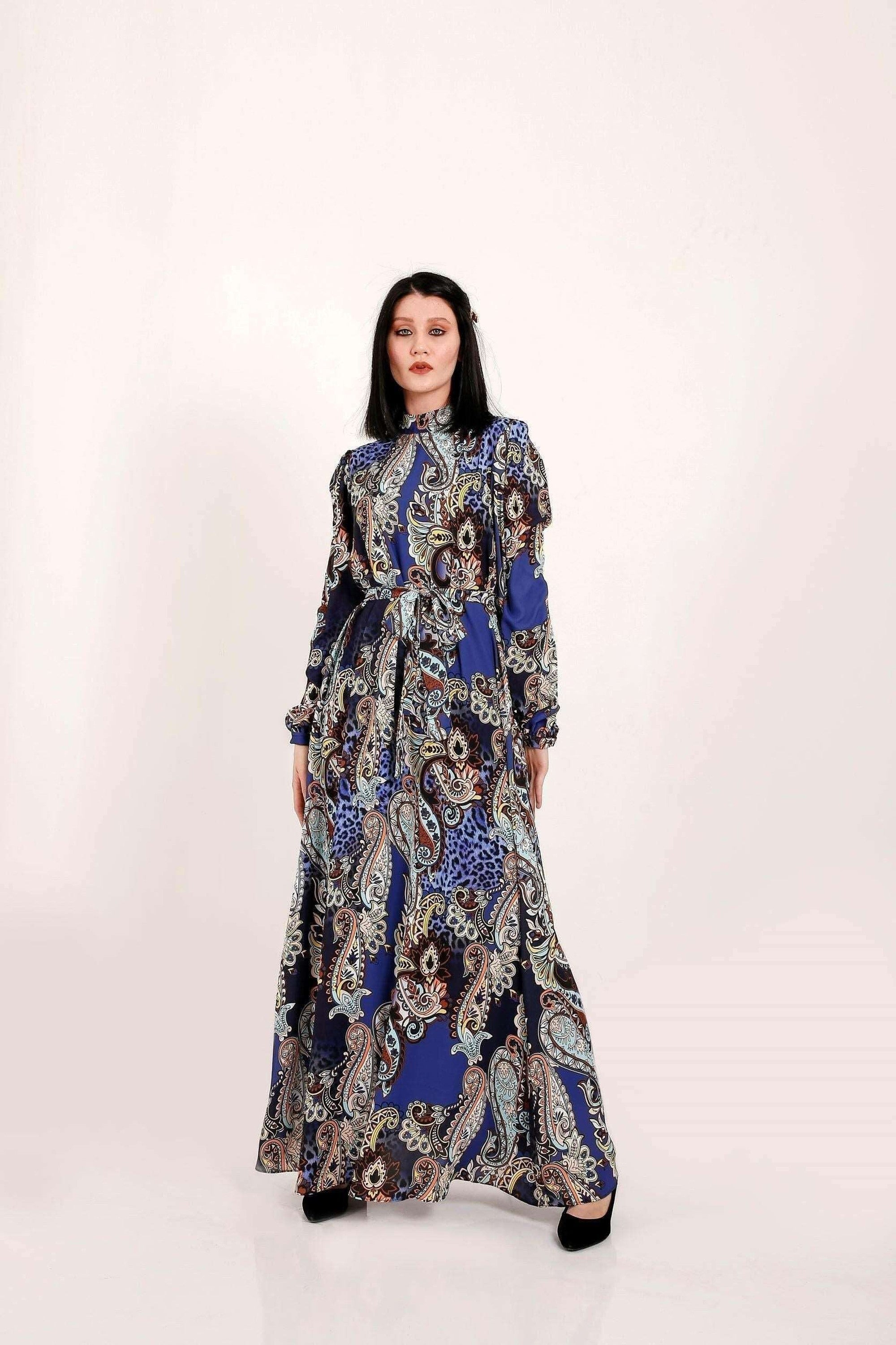 Hailey Long Sleeve Self Belted Maxi Dress for Women - Elegant Flowy Formal & Casual Dress for Weddings, Parties & Office Wear