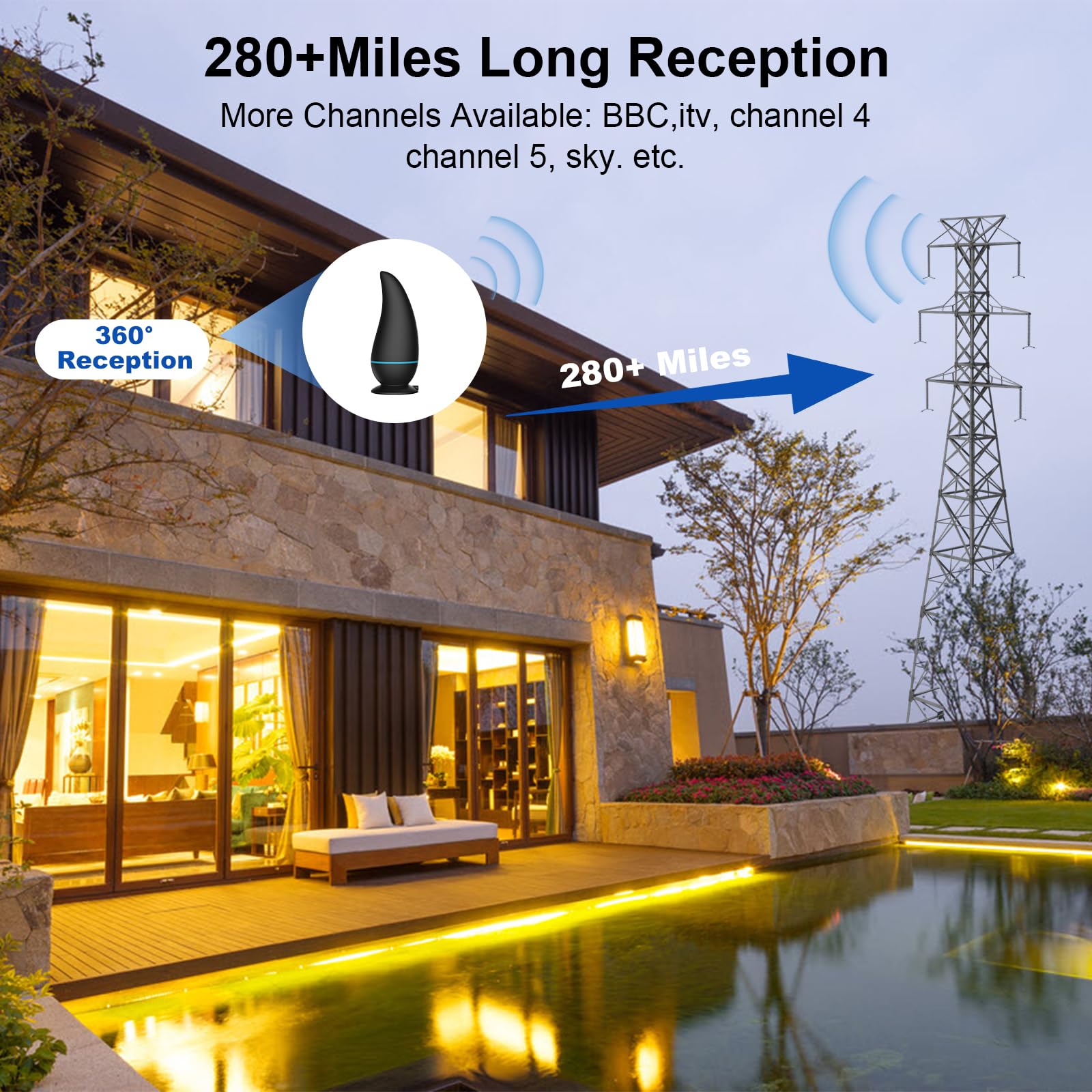 Upgraded Digital TV Antenna Indoor - 280+ Miles Long Range, 360° Reception with Amplifier for Strong Signal | Supports Freeview TV, 4K, 8K & 1080P HD | Perfect for Home Theater, RV Travel & Rural Areas