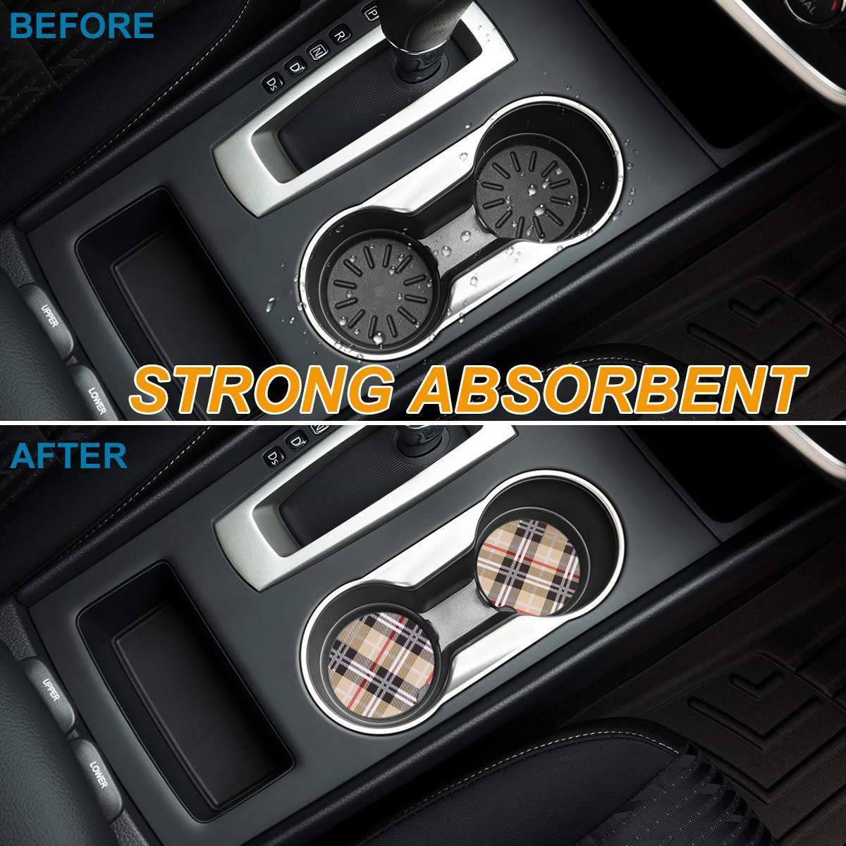 Premium Car Drink Coasters Set of 2 - Geometric Line Stripe Plaid Design, Absorbent Ceramic Stone with Finger Notch for Easy Removal (Beige, Red, Black) - Perfect for Cars, Trucks, SUVs & Road Trips