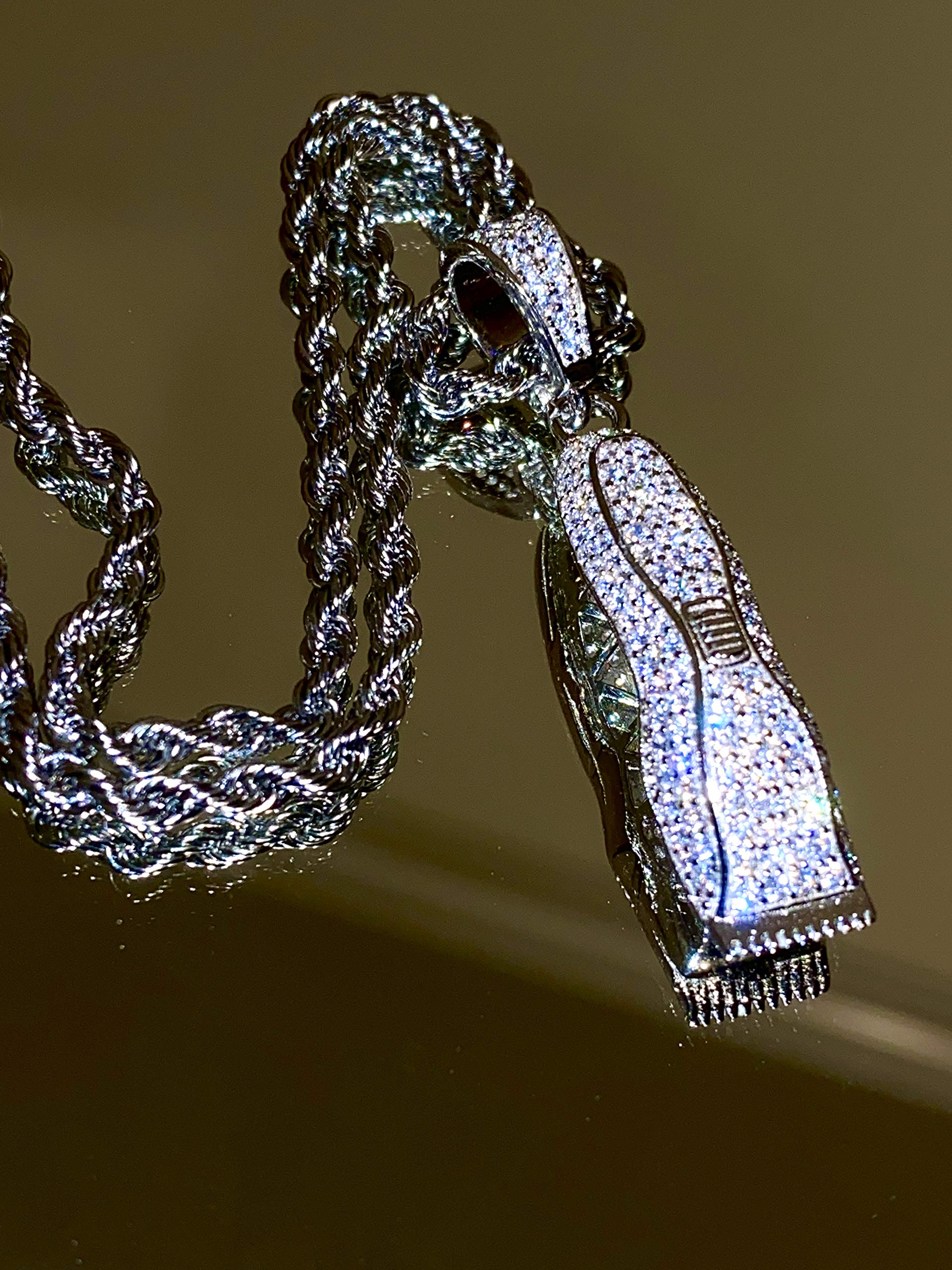 925 Sterling Silver Iced Barber Razor Charm Pendant with 2mm Stainless Steel Rope Chain Necklace for Men & Women | Italian Crafted Hip Hop Jewelry | Perfect for Streetwear, Gifts & Everyday Fashion Accessories