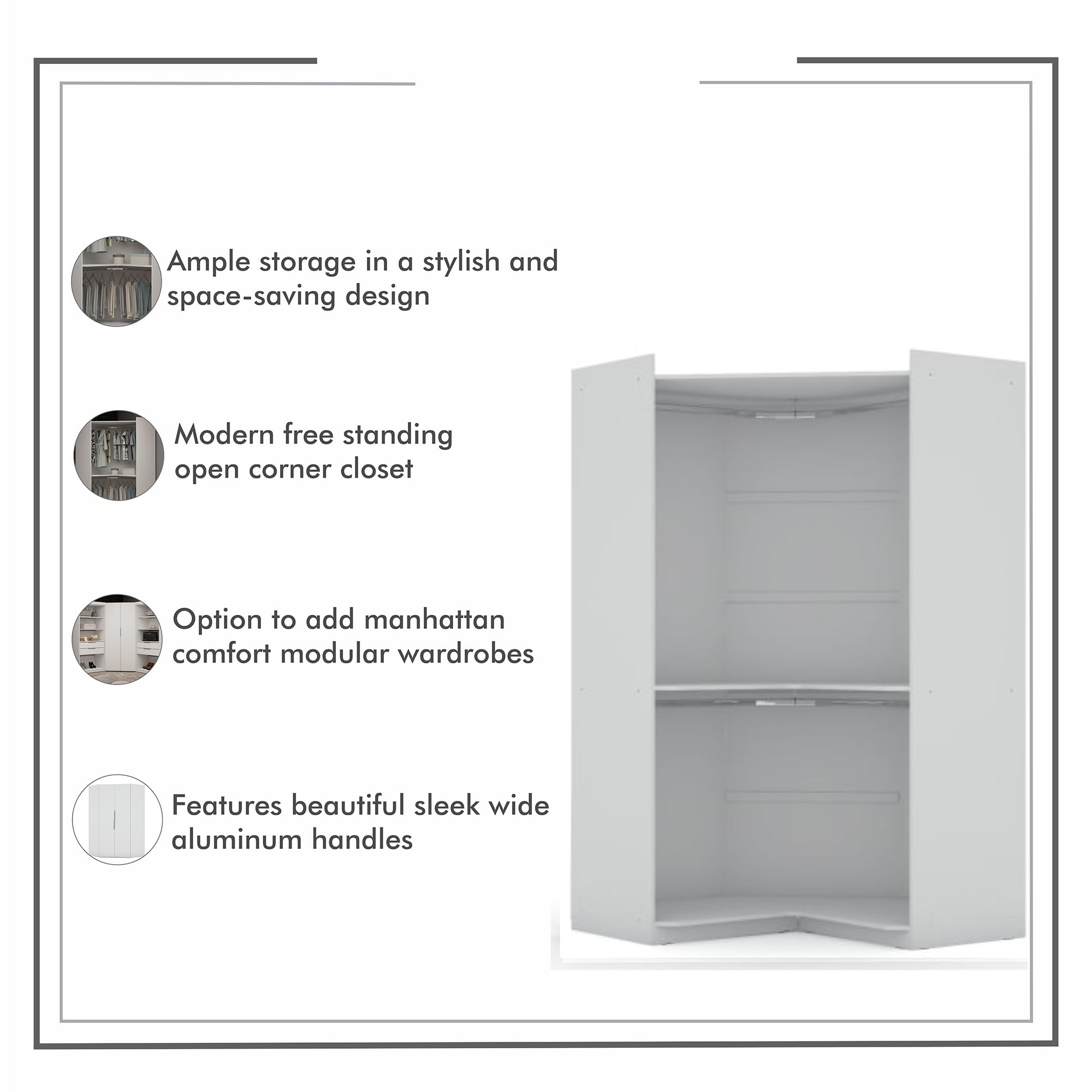 Modern White Free Standing Corner Wardrobe Closet with Rounded Hanging Rods & Open Shelves - Space-Saving Storage Solution for Bedroom, Living Room or Office - Manhattan Comfort Mulberry Collection