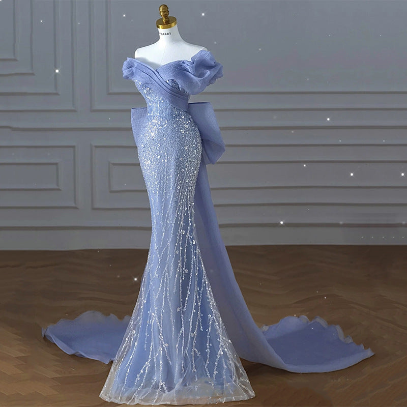 Elegant Blue Beaded Mermaid Prom Dress with Off-Shoulder Sparkly Design - Perfect for Evening Gala, Homecoming, and Formal Events